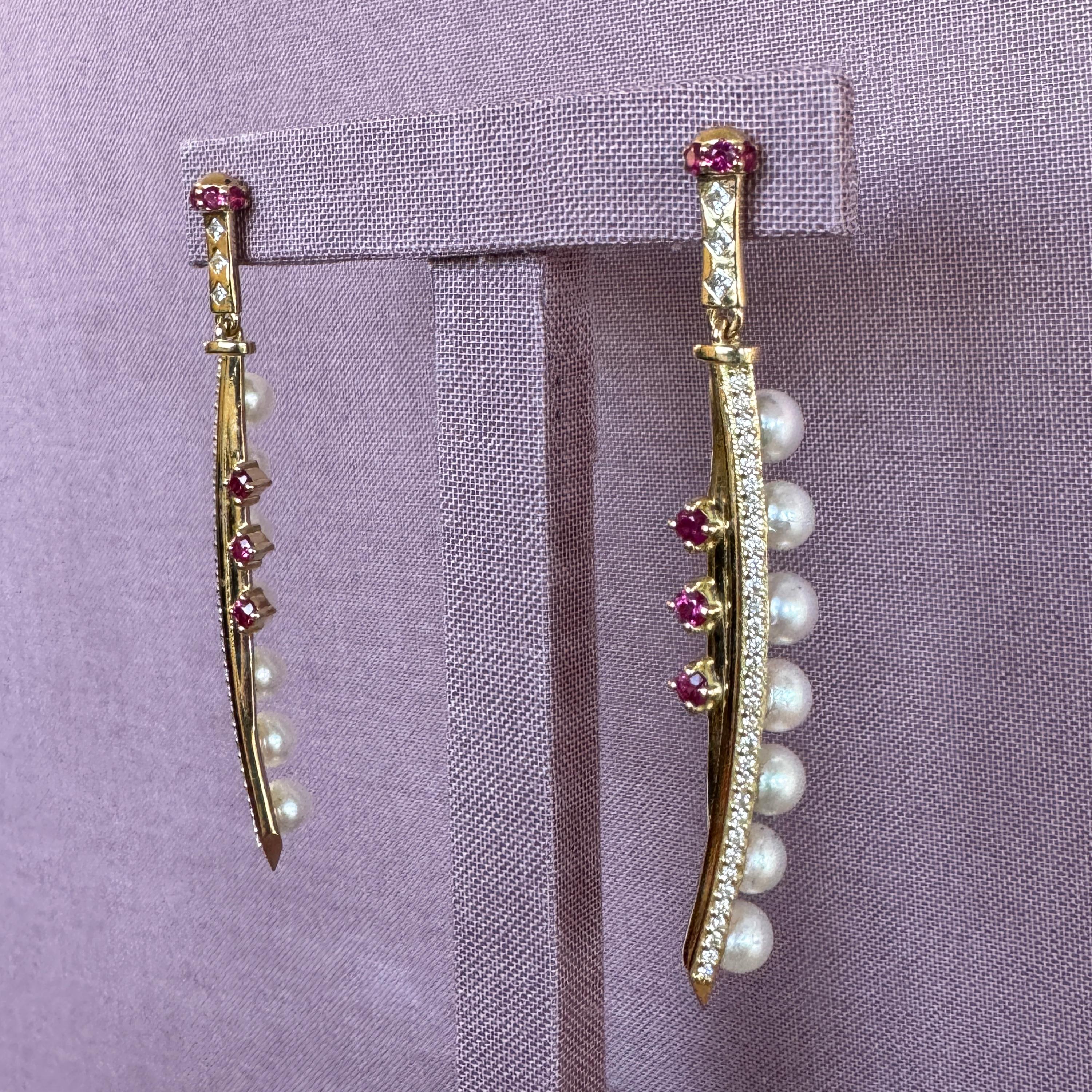 Pear Cut Onna Musha Earrings in 18 Karat Yellow Gold with Diamonds, Rubies And Pearls