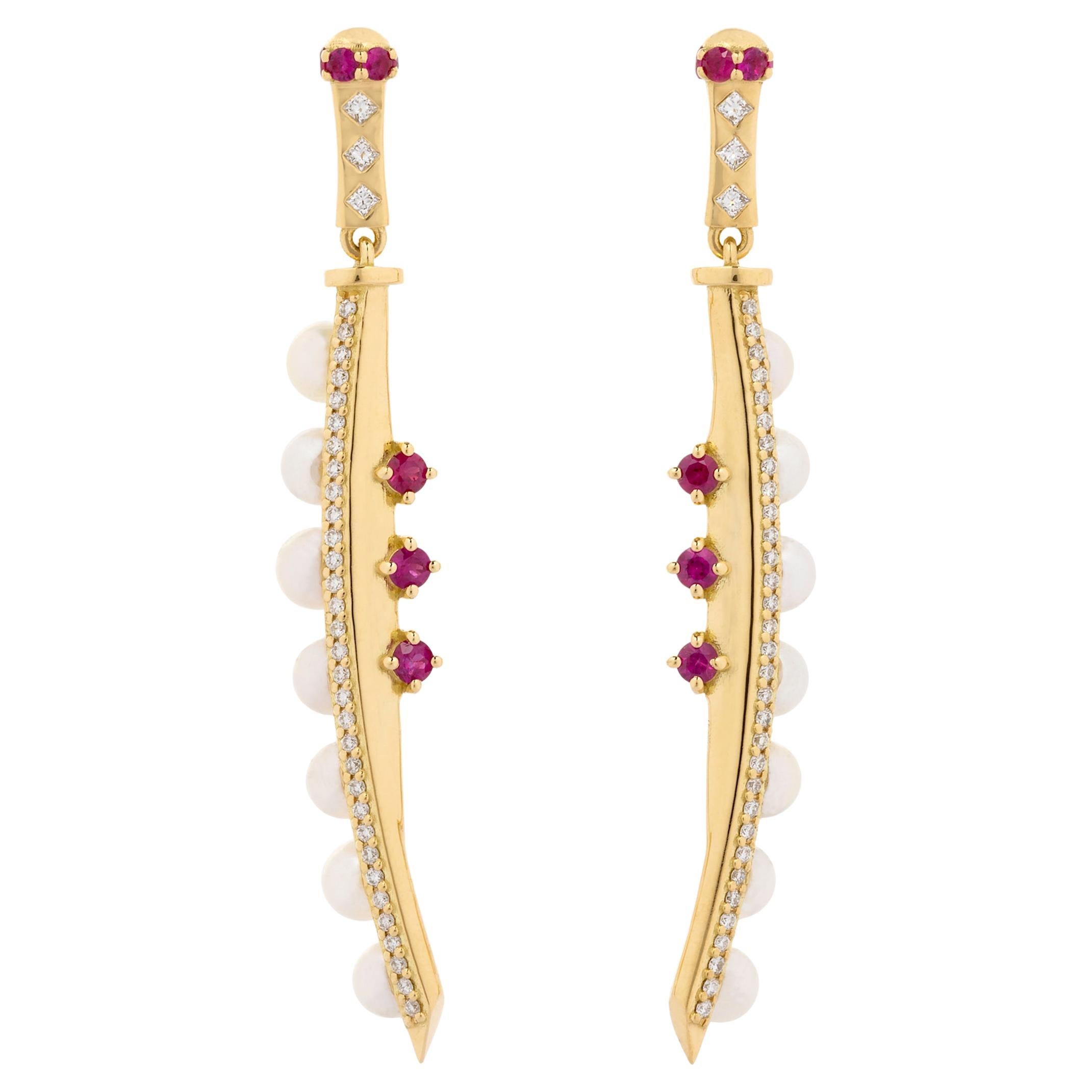 Onna Musha Earrings in 18 Karat Yellow Gold with Diamonds, Rubies And Pearls