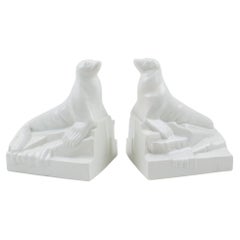 Onnaing Art Deco Crackle Ceramic Seal Sculpture Bookends, France 1920s