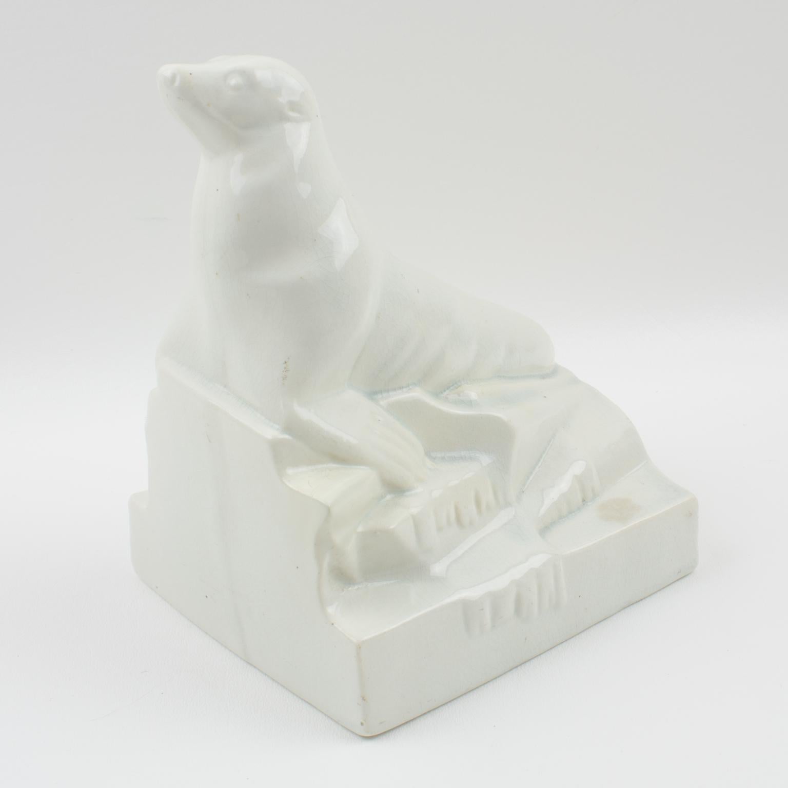Onnaing France Art Deco Crackle Ceramic Seal Sculpture Bookends For Sale 8