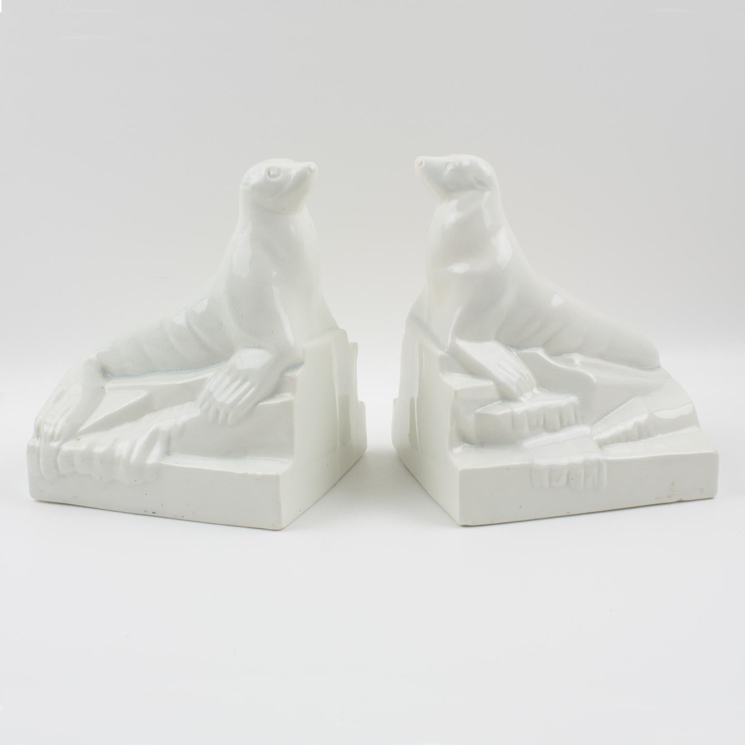 French Onnaing France Art Deco Crackle Ceramic Seal Sculpture Bookends For Sale
