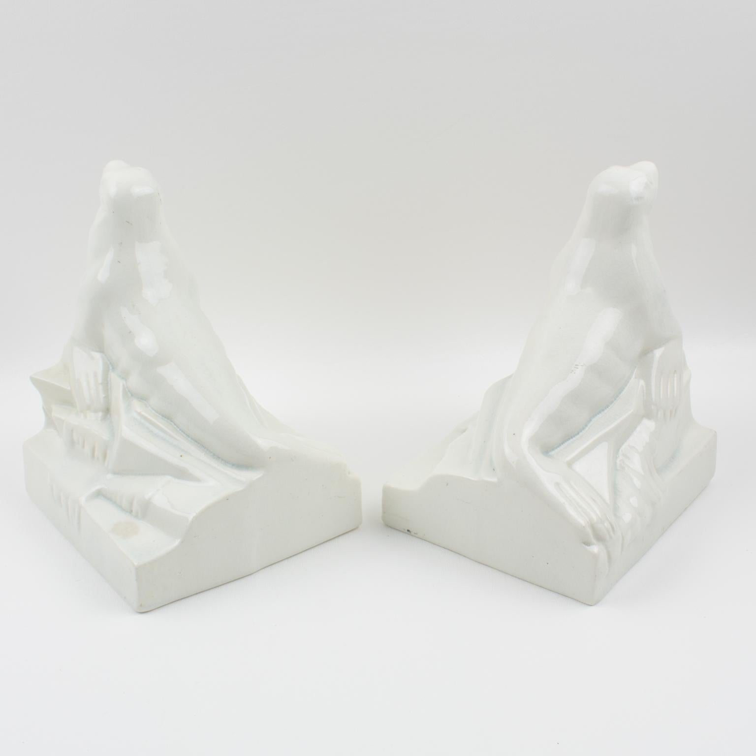 Early 20th Century Onnaing France Art Deco Crackle Ceramic Seal Sculpture Bookends For Sale