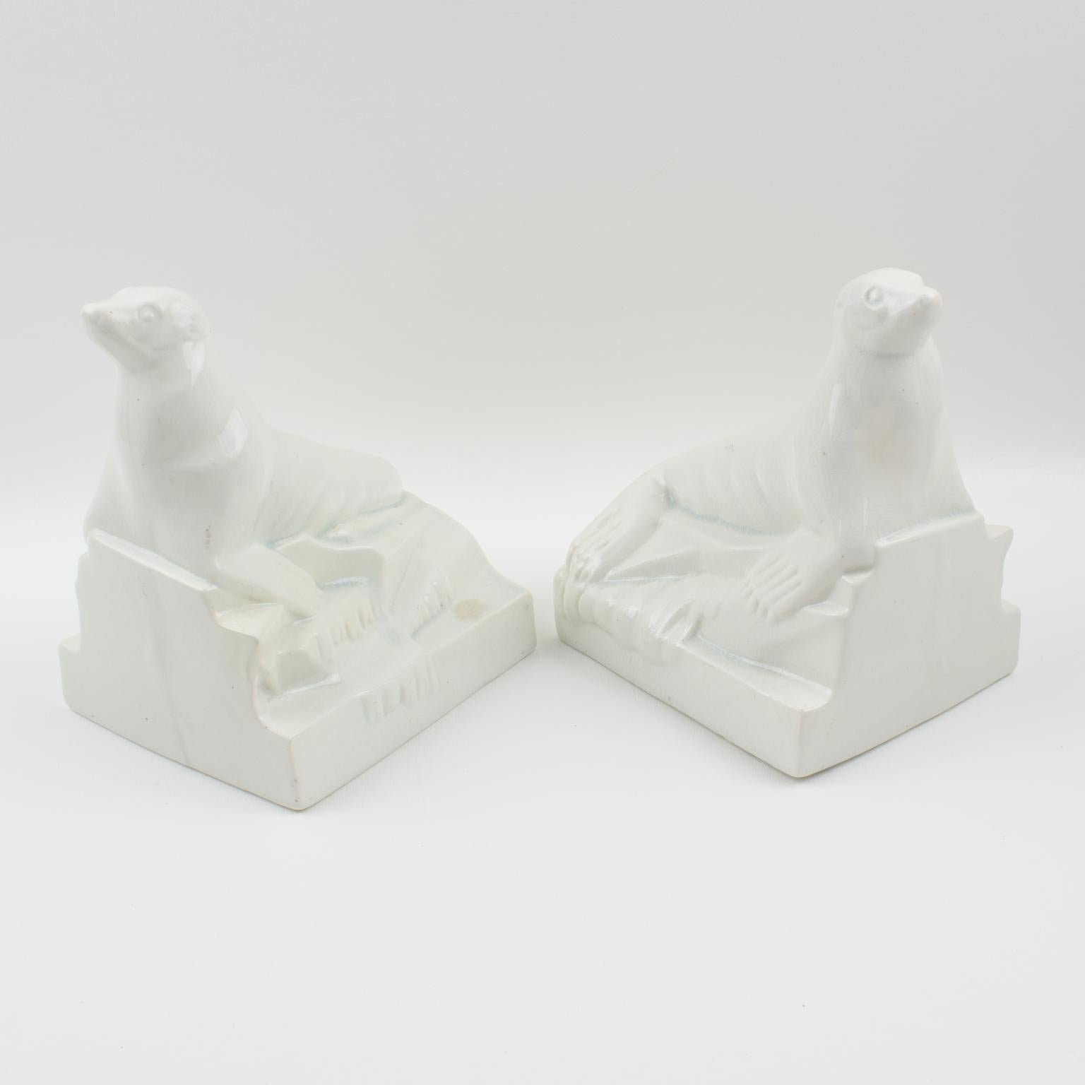 Onnaing France Art Deco Crackle Ceramic Seal Sculpture Bookends For Sale 1