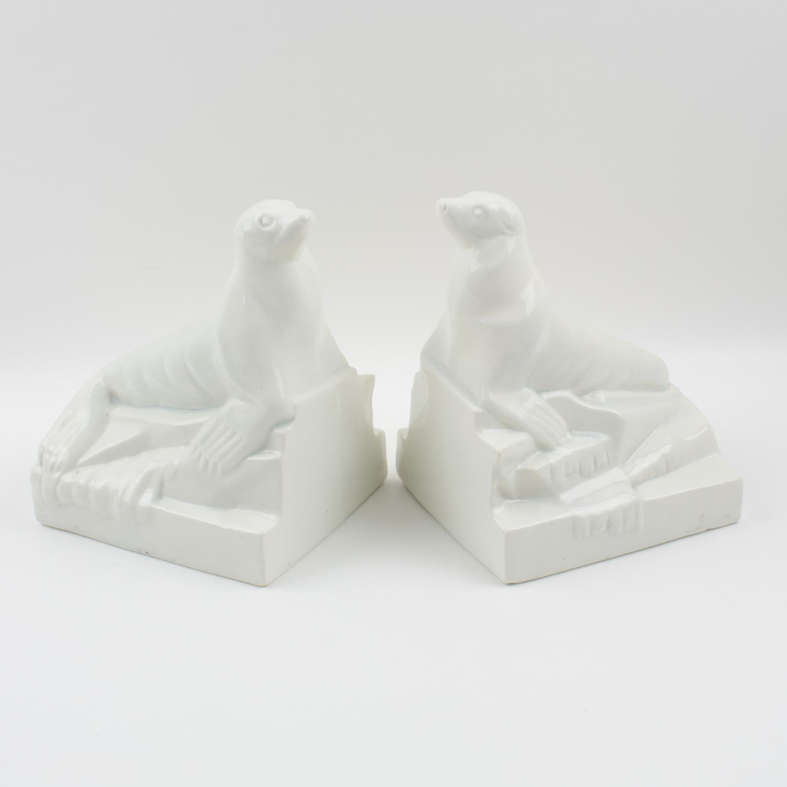 Onnaing France Art Deco Crackle Ceramic Seal Sculpture Bookends For Sale 2