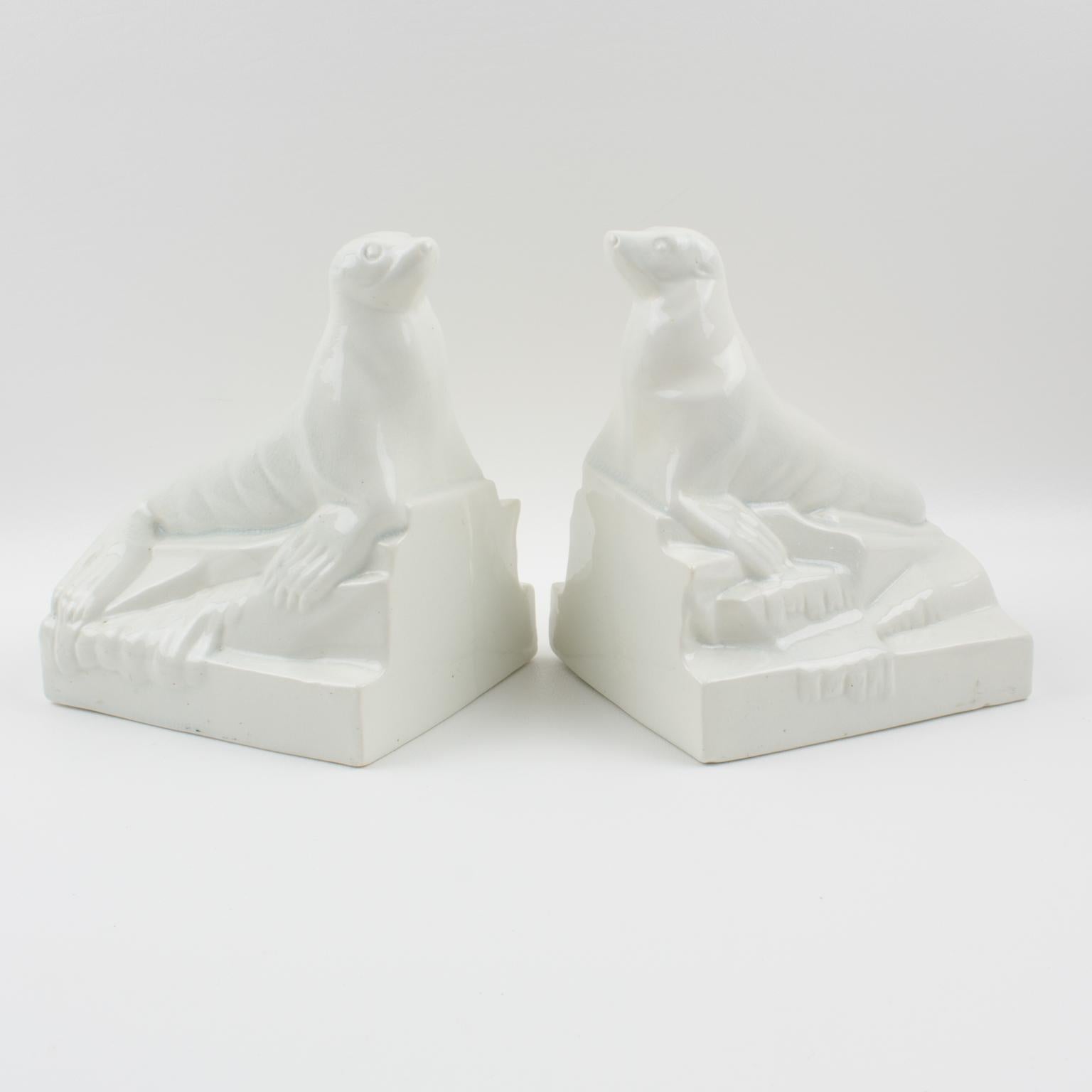 Onnaing France Art Deco Crackle Ceramic Seal Sculpture Bookends For Sale 3