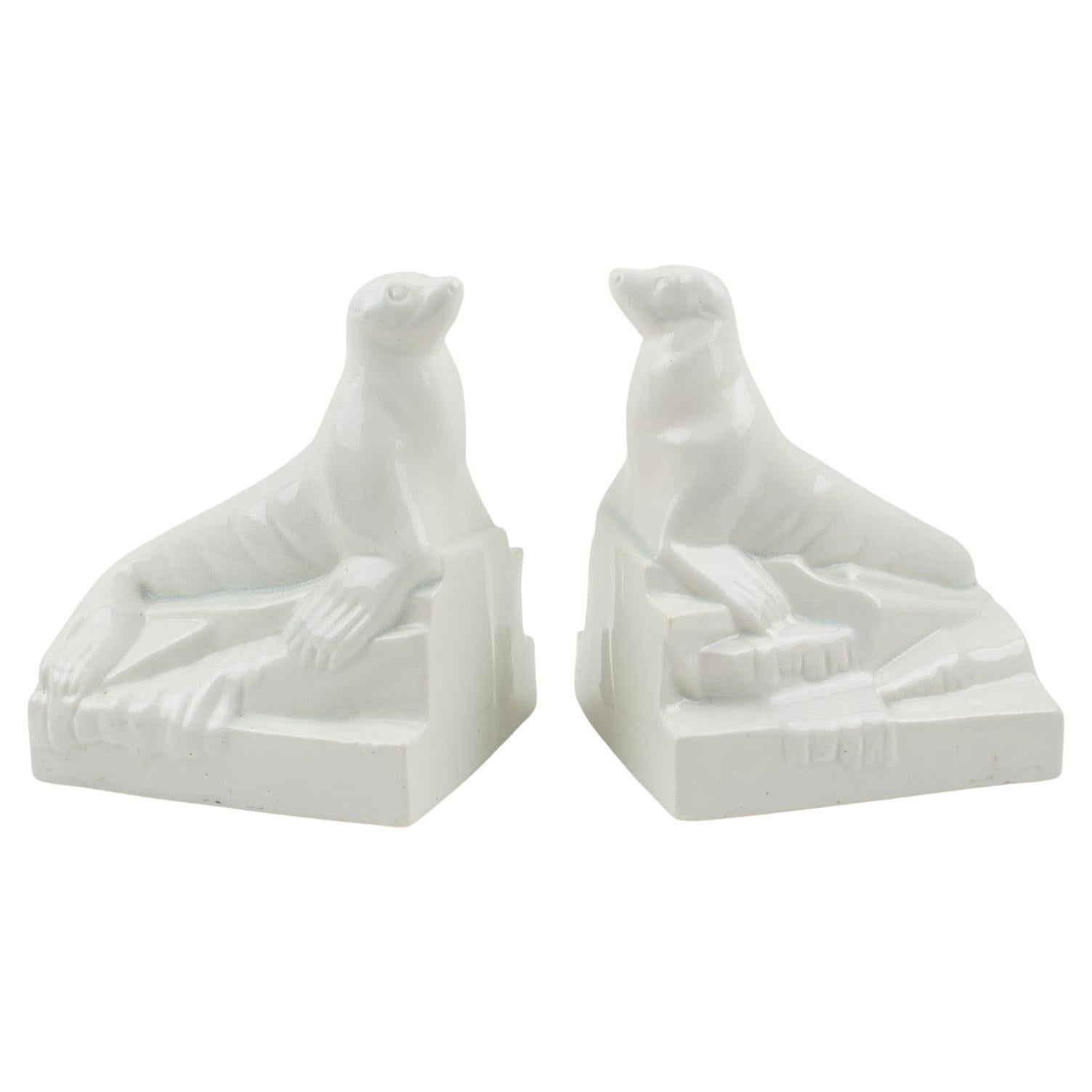 Onnaing Frankreich Art Deco Craquelé-Keramik-Siegel-Skulptur-Buchstützen