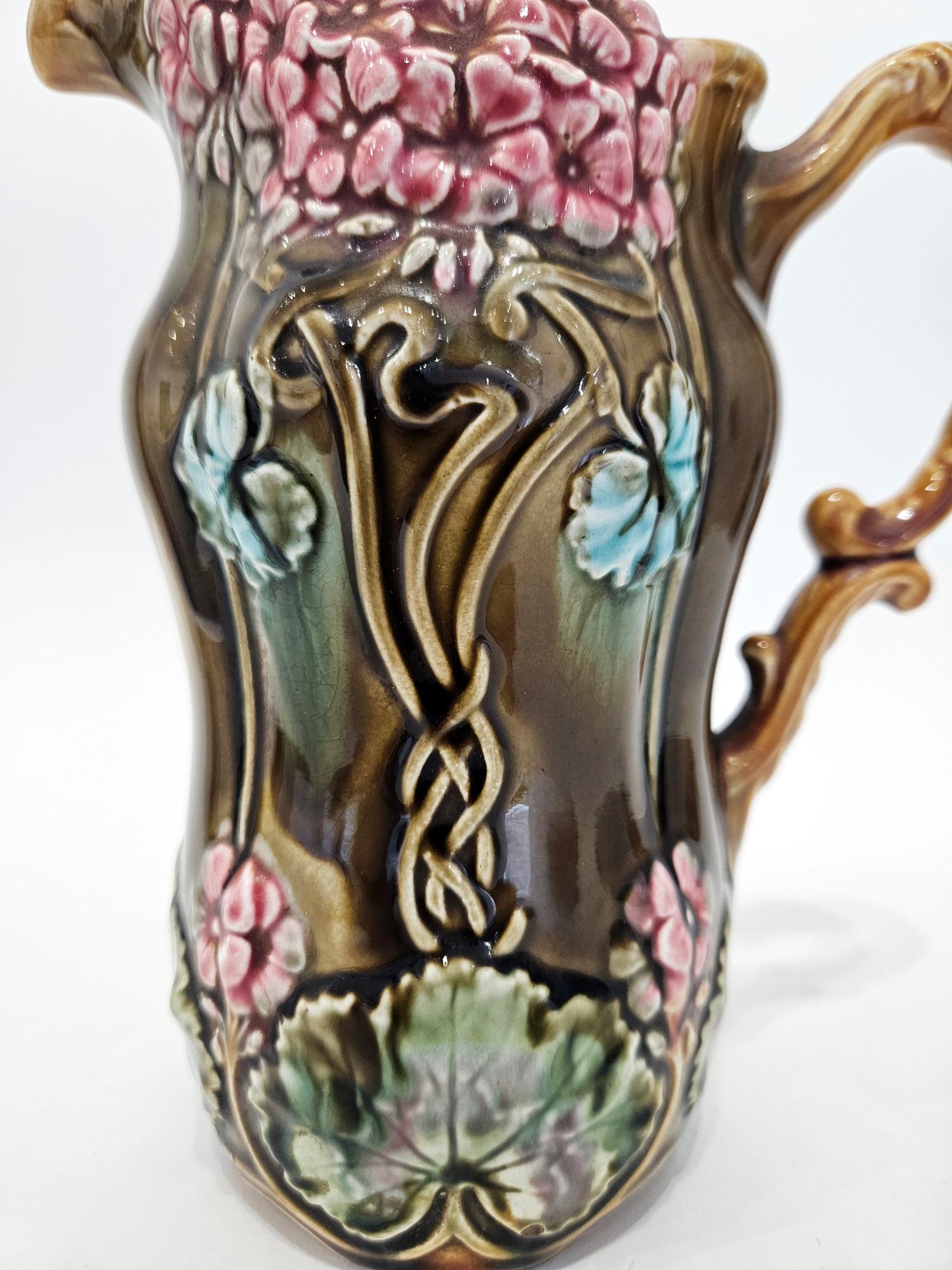 French Onnaing Majolica Coligny Art Nouveau Pitcher/Jug, France, c. 1880 For Sale