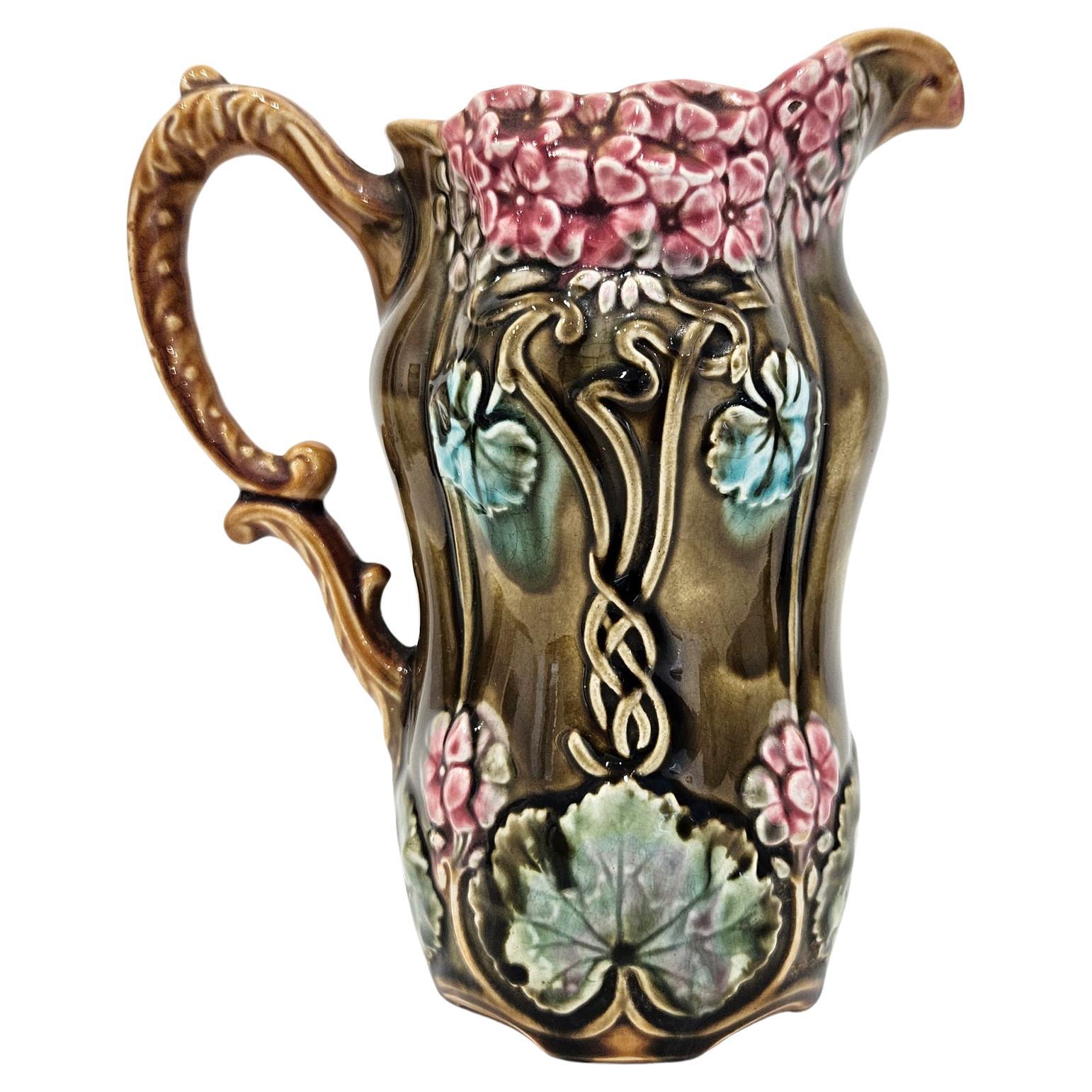 Onnaing Majolica Coligny Art Nouveau Pitcher/Jug, France, c. 1880