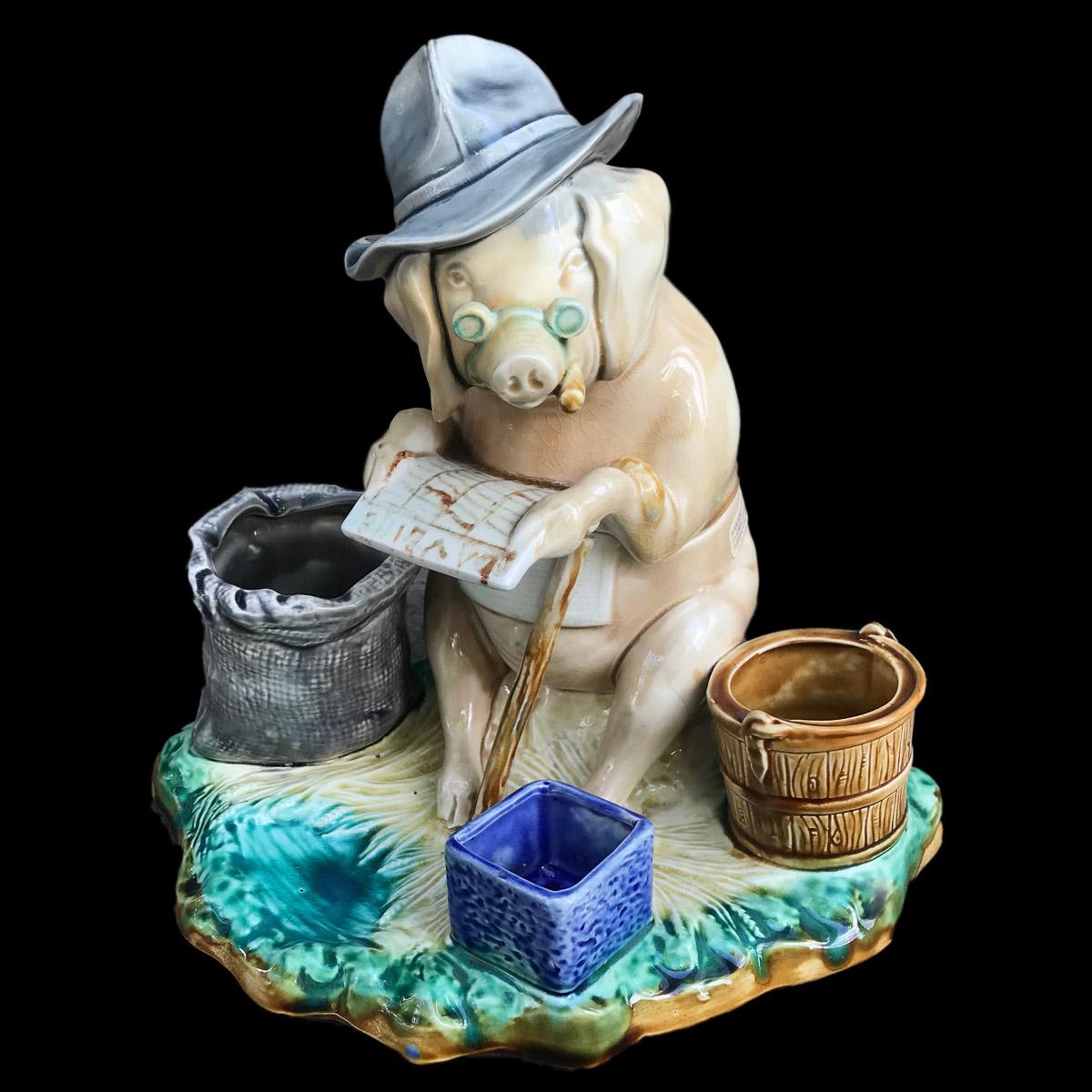 Onnaing Style Barbotine Tobacco Box Reading Pig, 19th Century For Sale 1