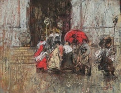 Hommage aan Fortuny Mixed Technique Pastel Procession in the Rain In Stock