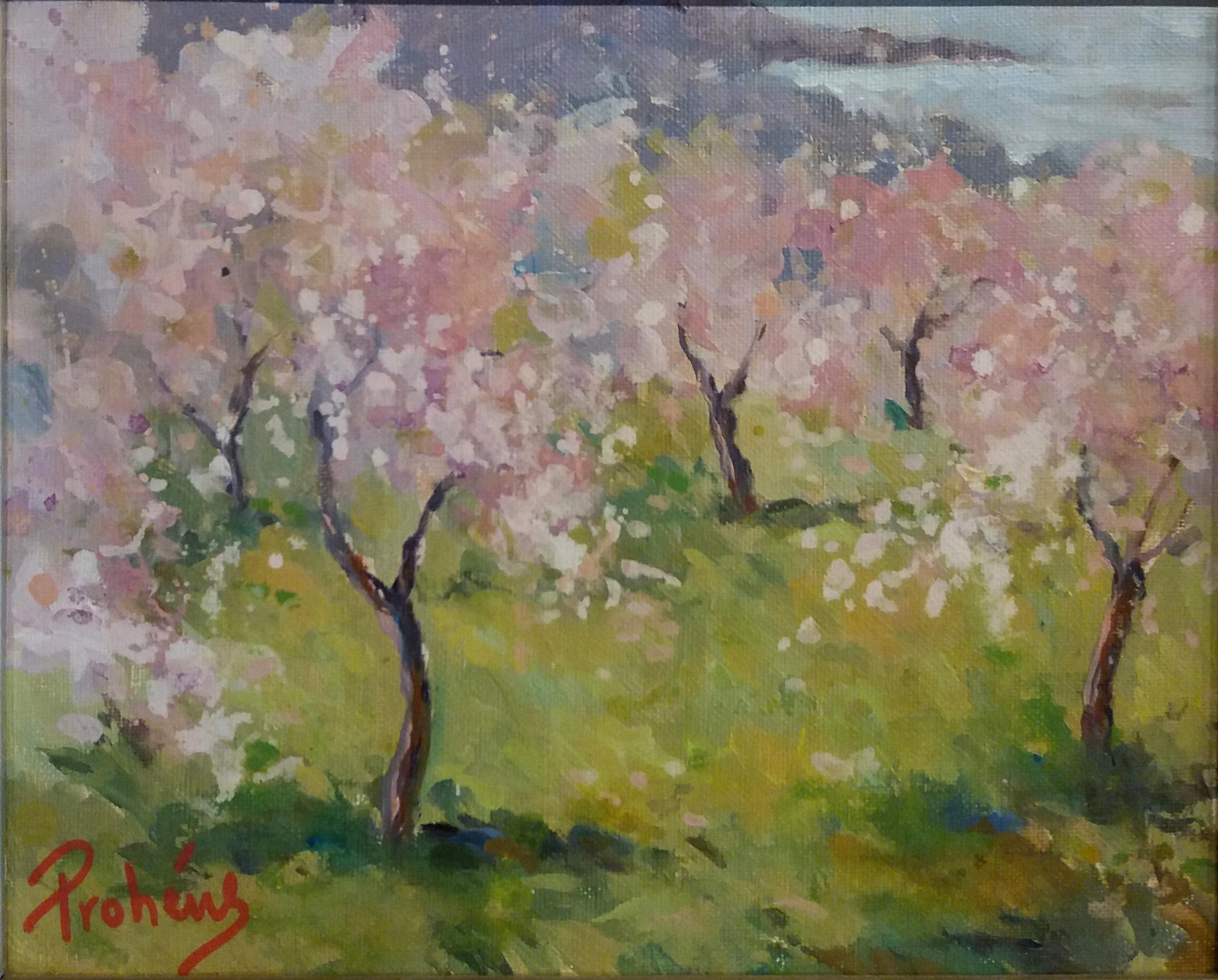 Prohens  Almond Blossom Mallorca. original acrylic painting - Painting by Onofre Prohens