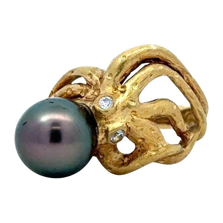 Onofrio d'Oro Oktopus Diamant & Perle 18K Gold Ring im Angebot