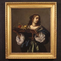 huile sur toile du 17e siècle Portrait italien d'une dame avec un plateau de fruits, 1680