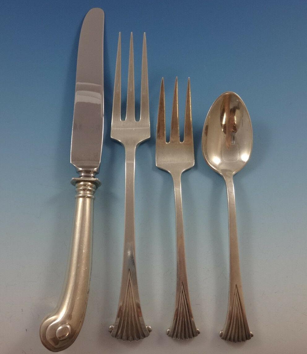 Fabulous huge old Onslow by Tuttle sterling silver dinner size flatware set, 115 pieces. This pattern is heavy with wonderful pistol-grip handles on the knives. This set includes:

12 dinner size knives, 9 1/2