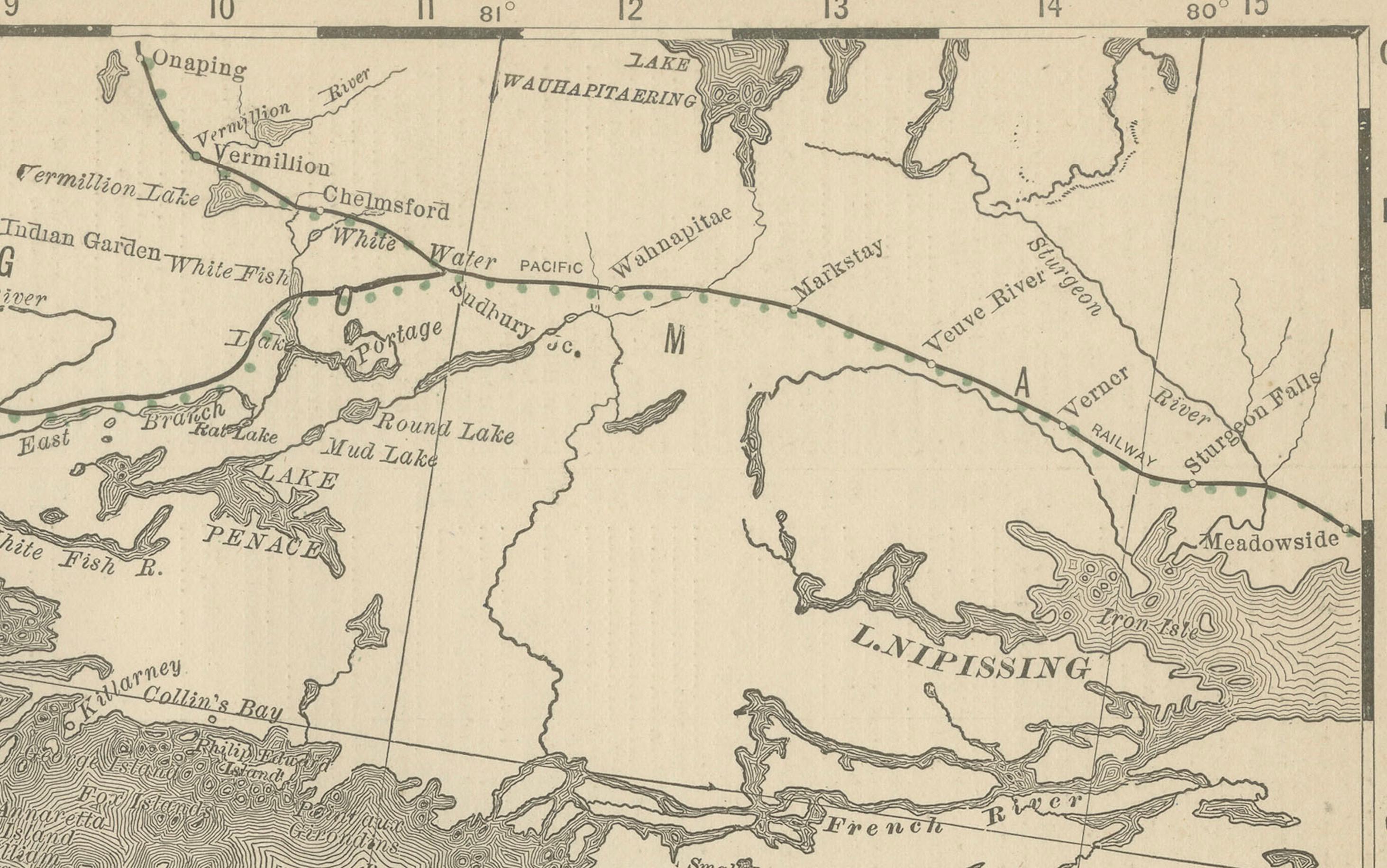 Americano Mappa antica dell'Ontario c.1888 - Contee occidentali, ferrovie della provincia dell'Heartland in vendita