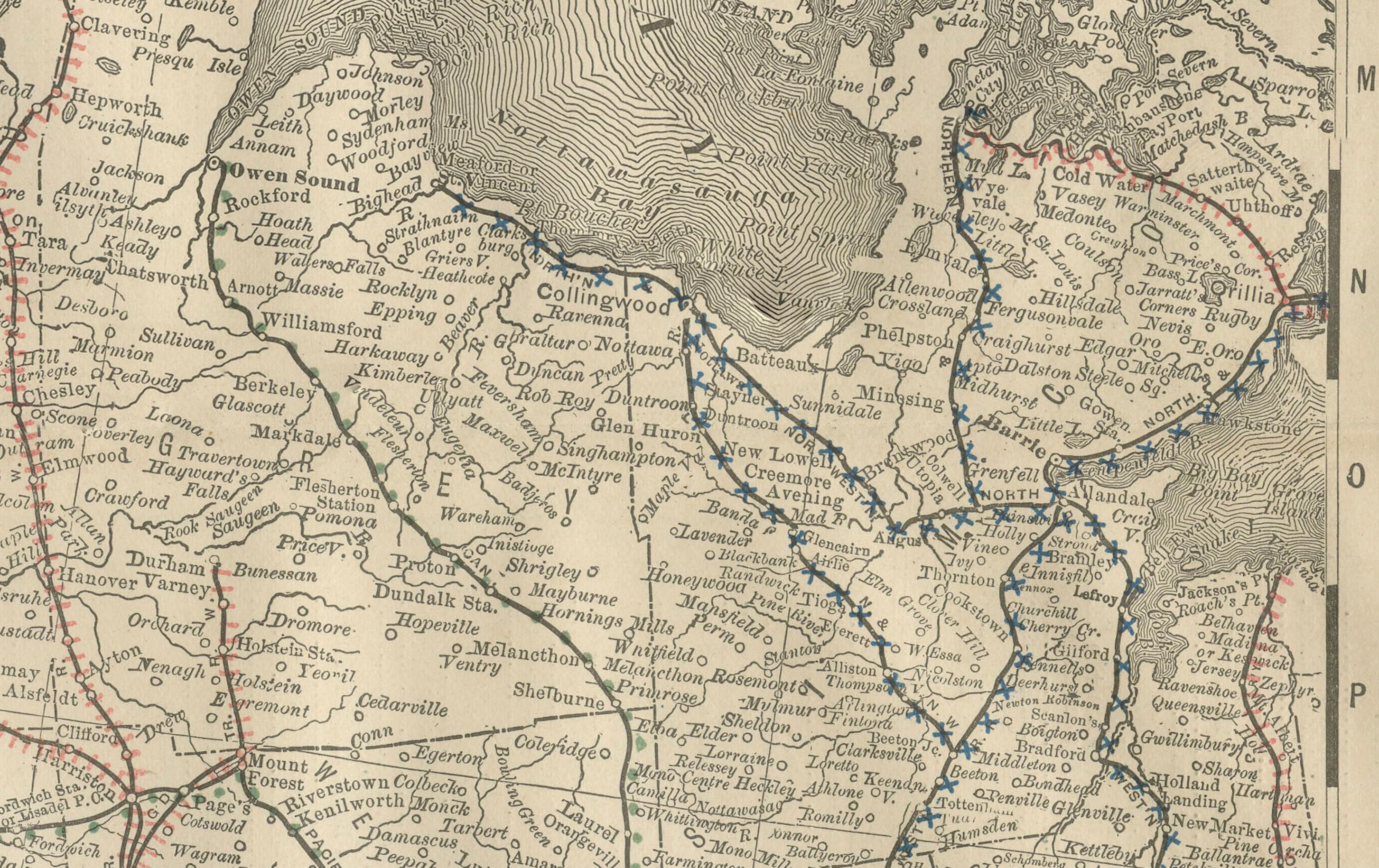 Mappa antica dell'Ontario c.1888 - Contee occidentali, ferrovie della provincia dell'Heartland In condizioni buone in vendita a Langweer, NL