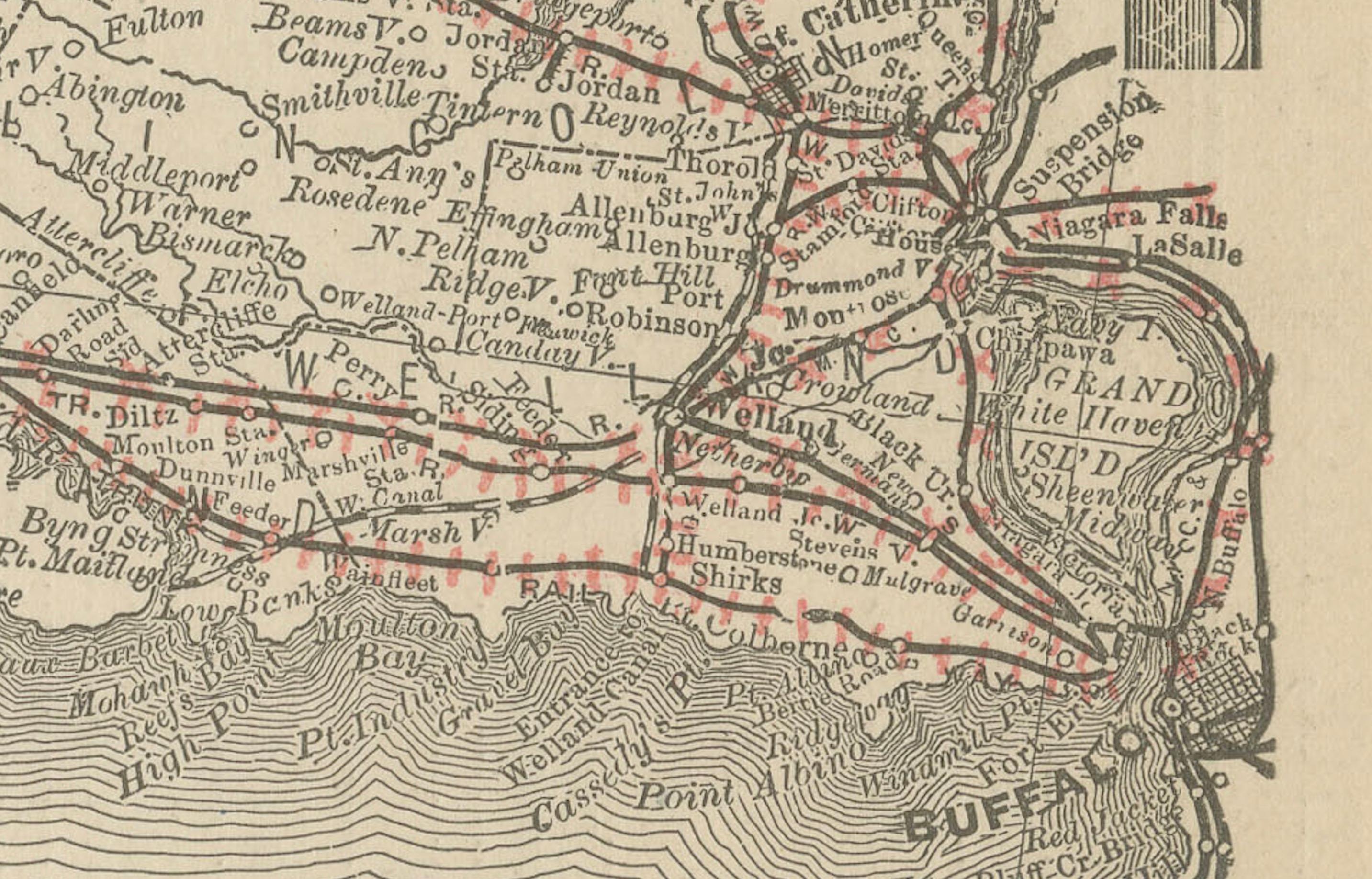 XIX secolo Mappa antica dell'Ontario c.1888 - Contee occidentali, ferrovie della provincia dell'Heartland in vendita