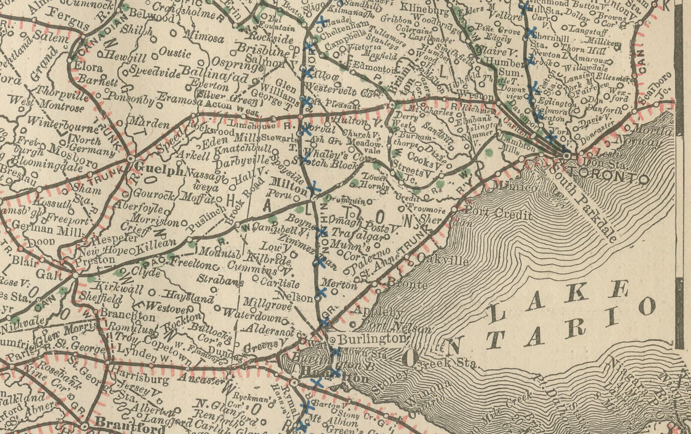 Carta Mappa antica dell'Ontario c.1888 - Contee occidentali, ferrovie della provincia dell'Heartland in vendita