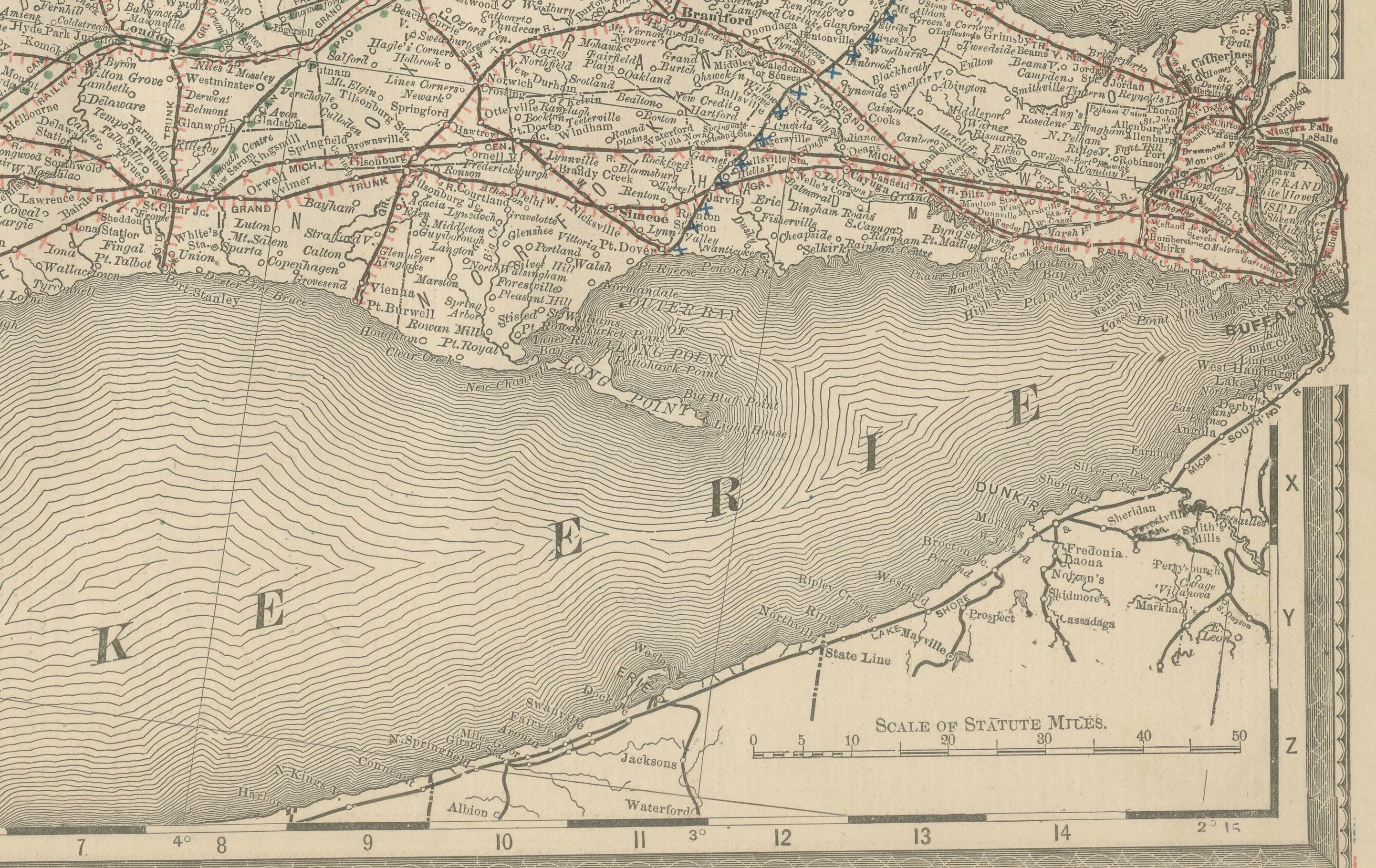 Mappa antica dell'Ontario c.1888 - Contee occidentali, ferrovie della provincia dell'Heartland in vendita 2