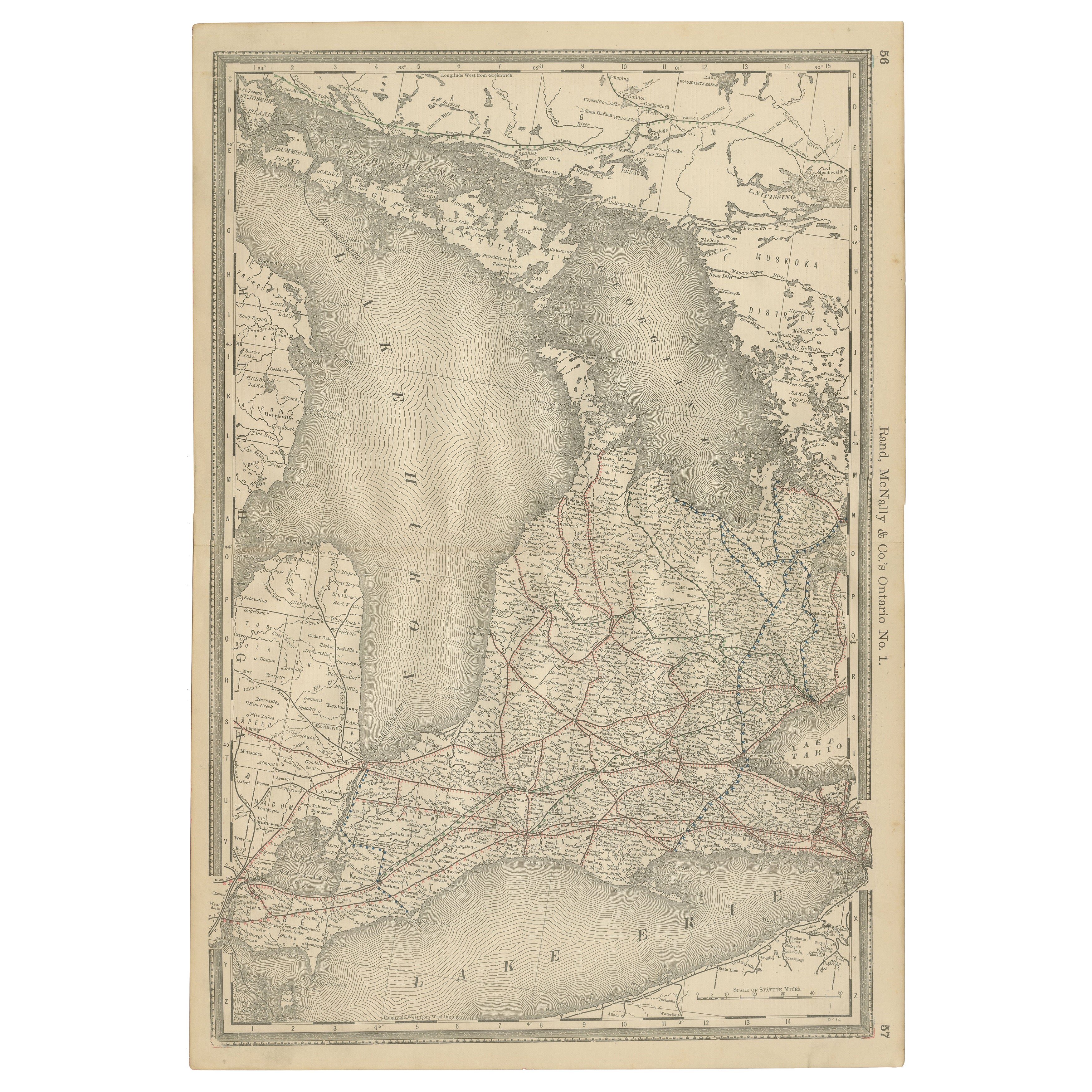 Carte ancienne de l'Ontario c.1888 - Comtés de l'ouest, chemins de fer de la province de Heartland