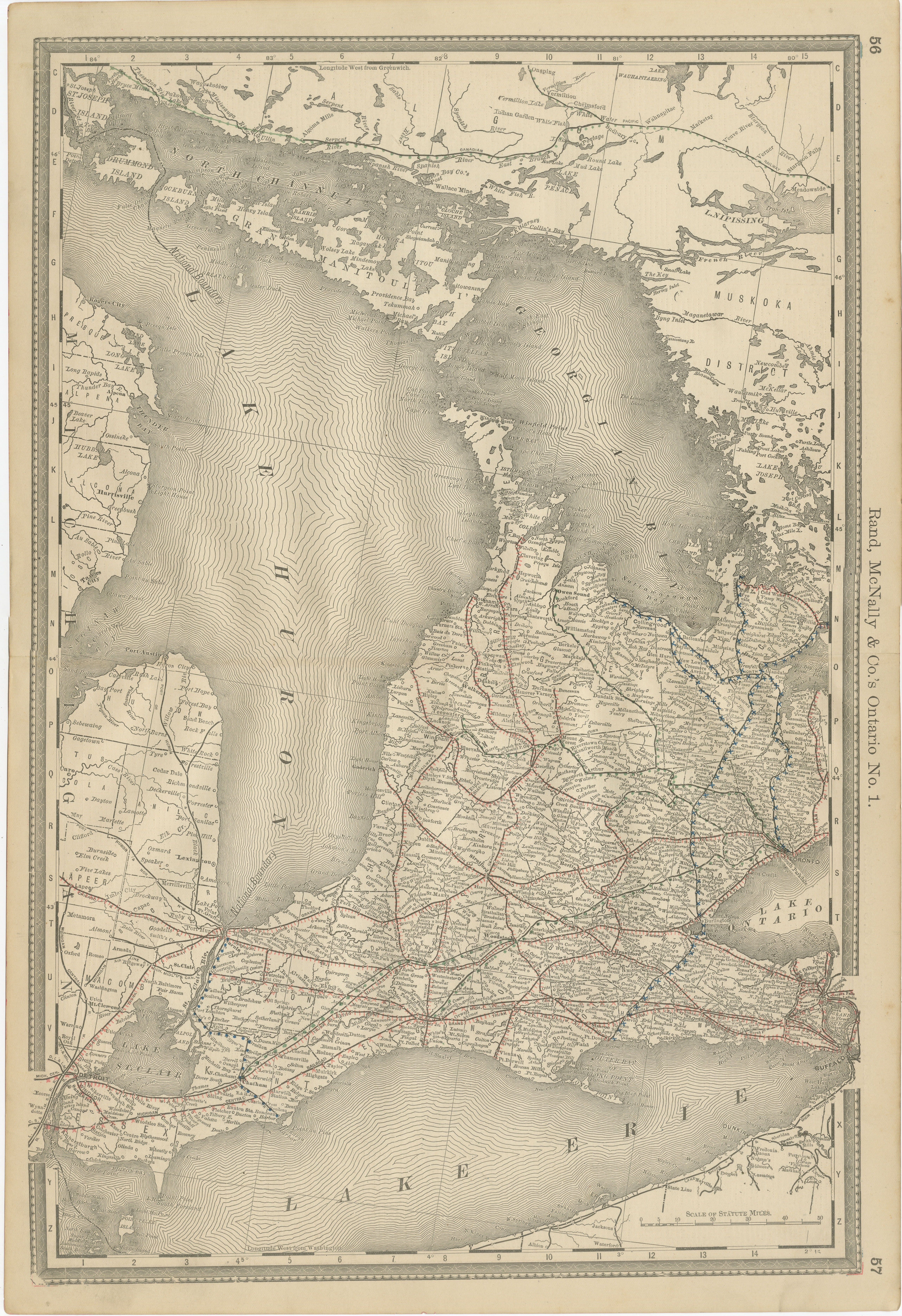 Mappa antica dell'Ontario c.1888 - Contee occidentali, ferrovie della provincia dell'Heartland