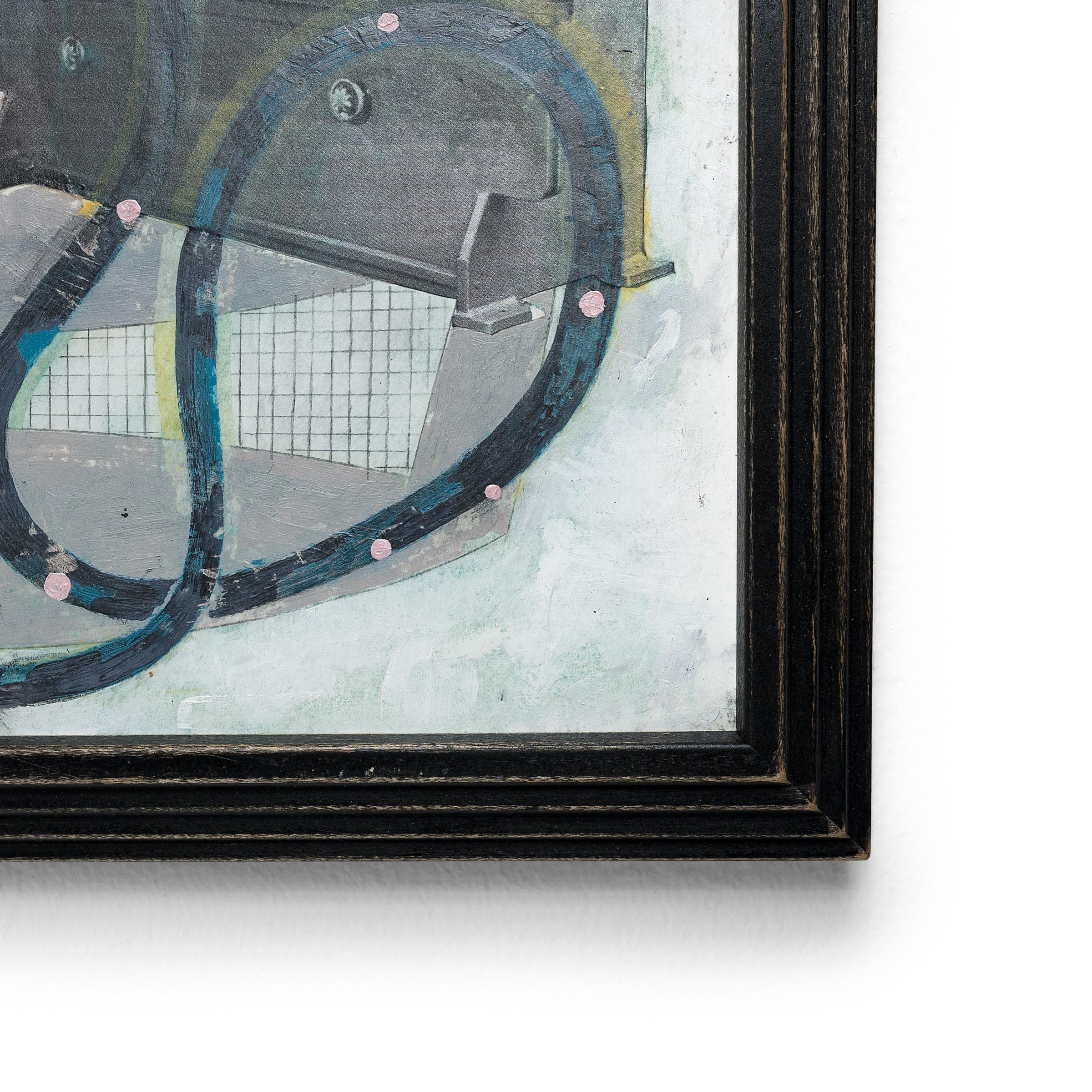 This abstract work by Chicago artist Patrick Fitzgerald is one of a series of “track paintings” that materialize the imagined tracks navigated by his miniature soap-box car sculptures. Inspired by slot-car racetracks, each painting depicts a