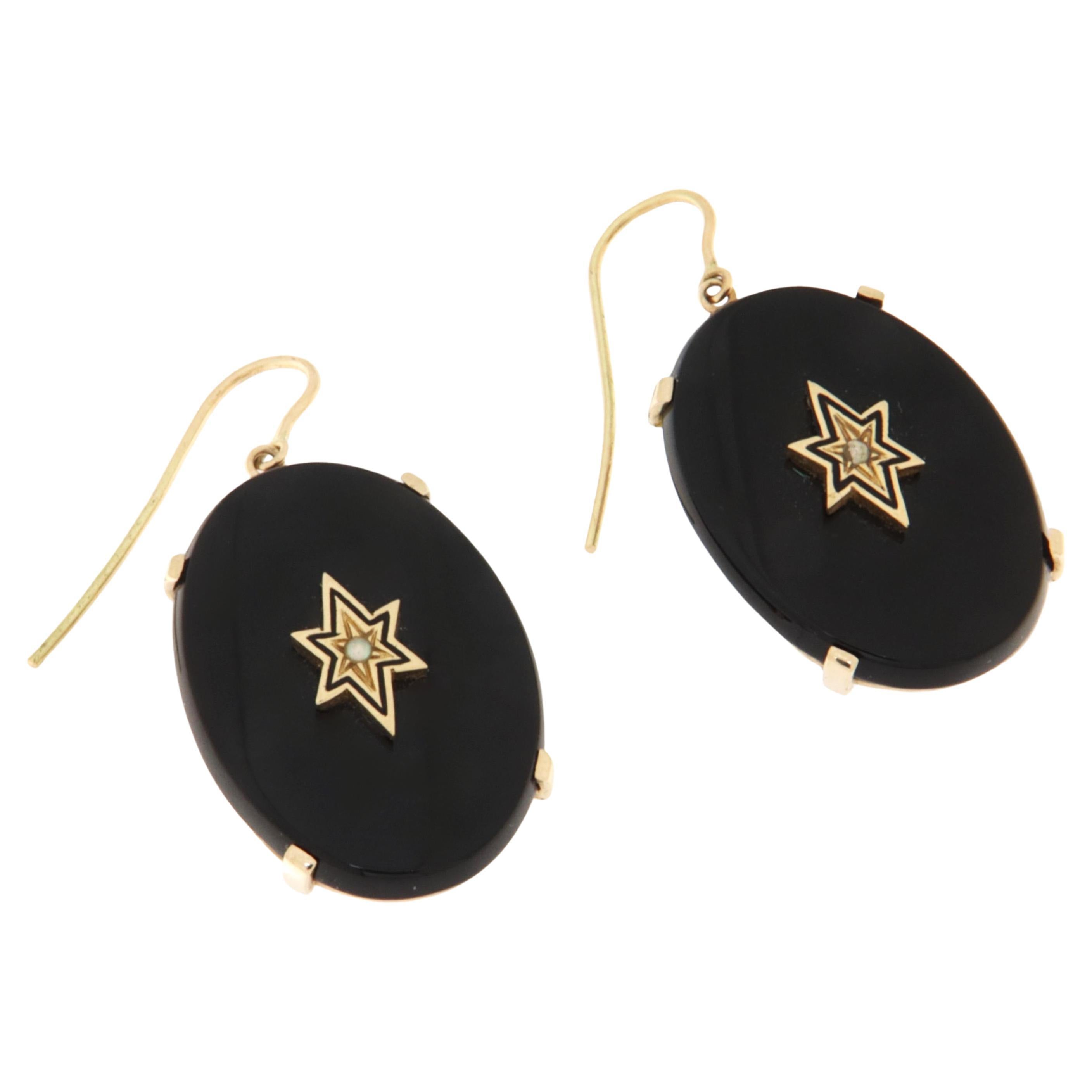 Onyx 14 Karat Gelbgold Tropfenohrringe im Angebot