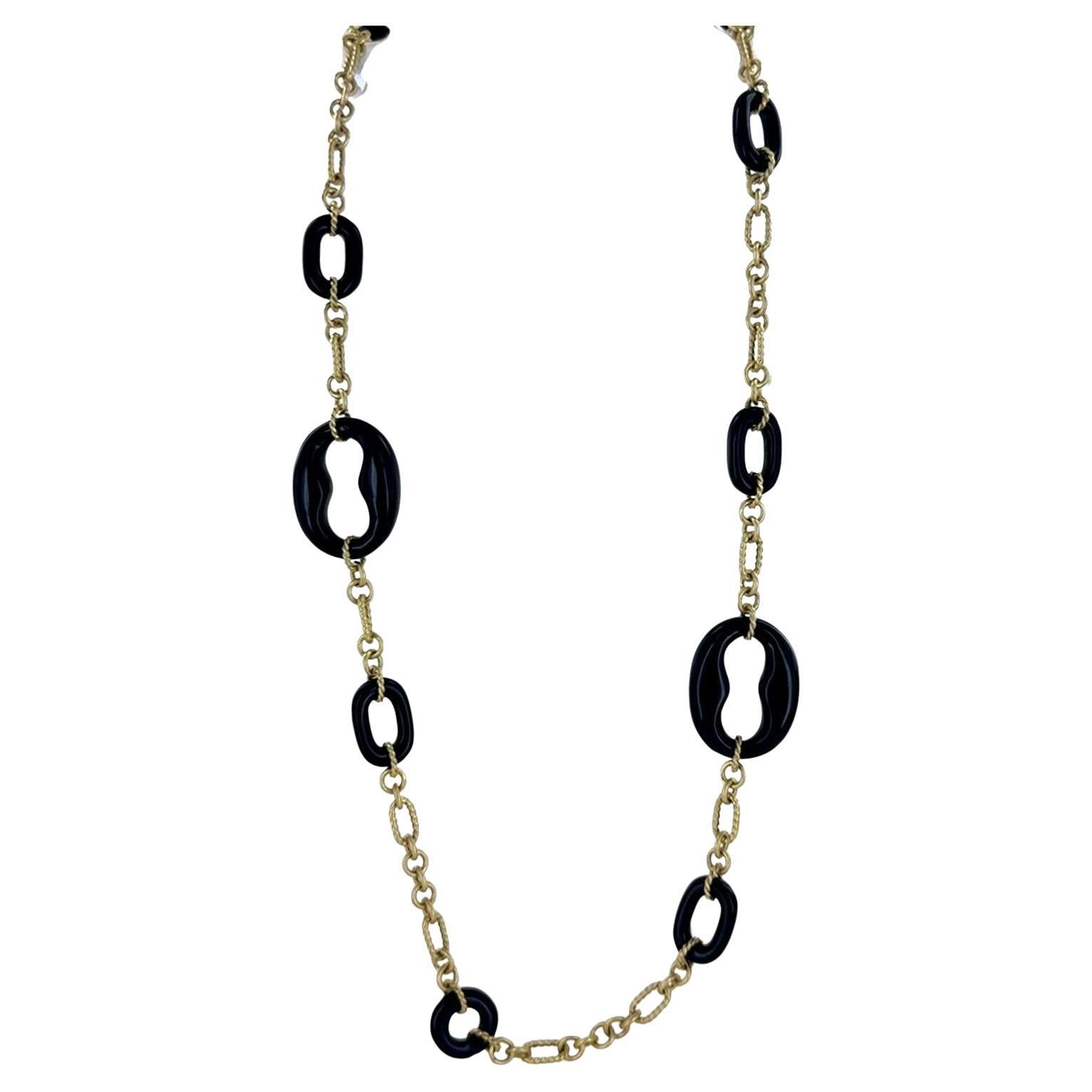 Gliederhalskette aus 14 Karat Gelbgold mit Onyx, signiert Herco im Angebot