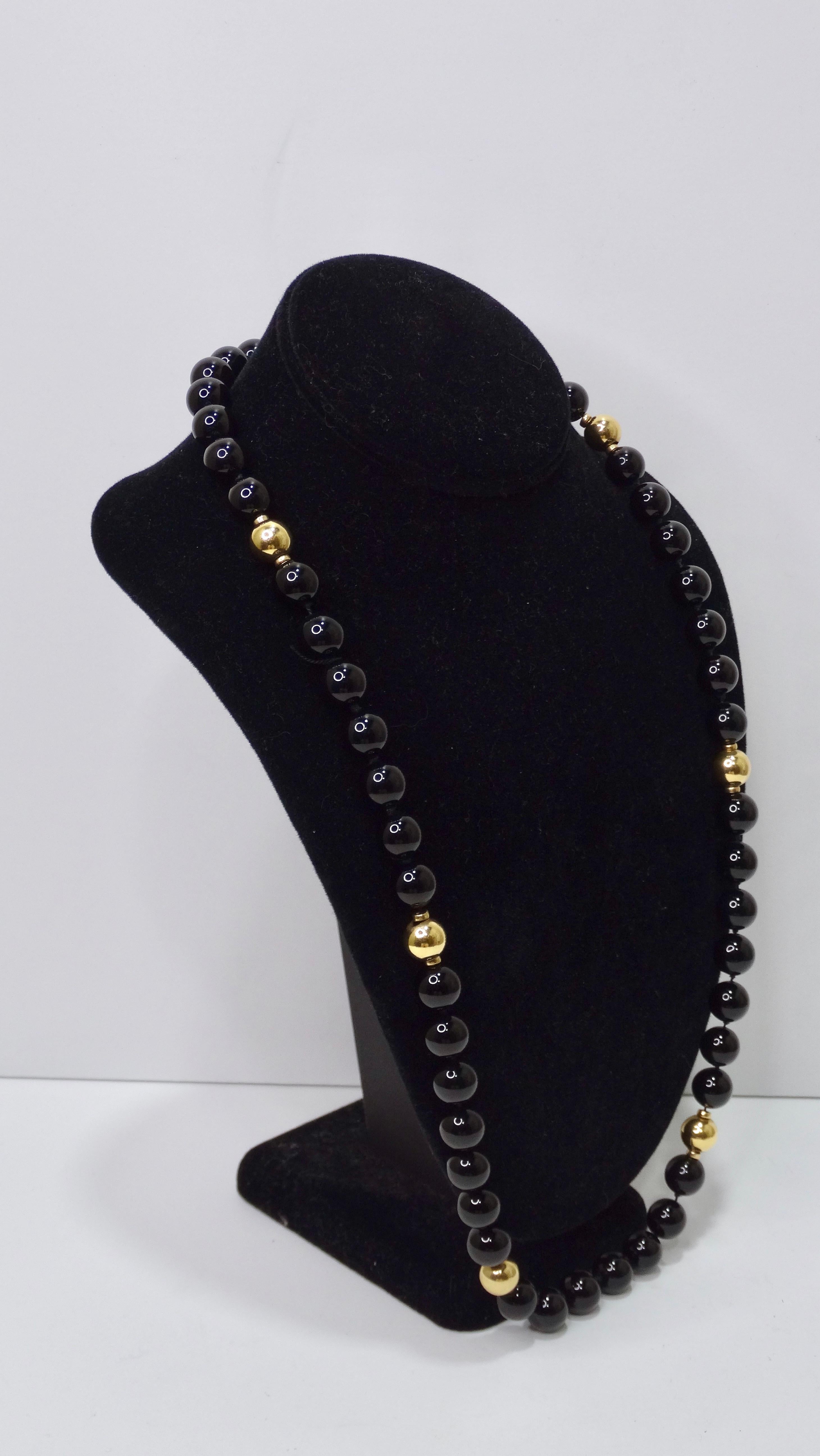 Women's or Men's Onyx 14k Gold and Black Beaded Necklace For Sale