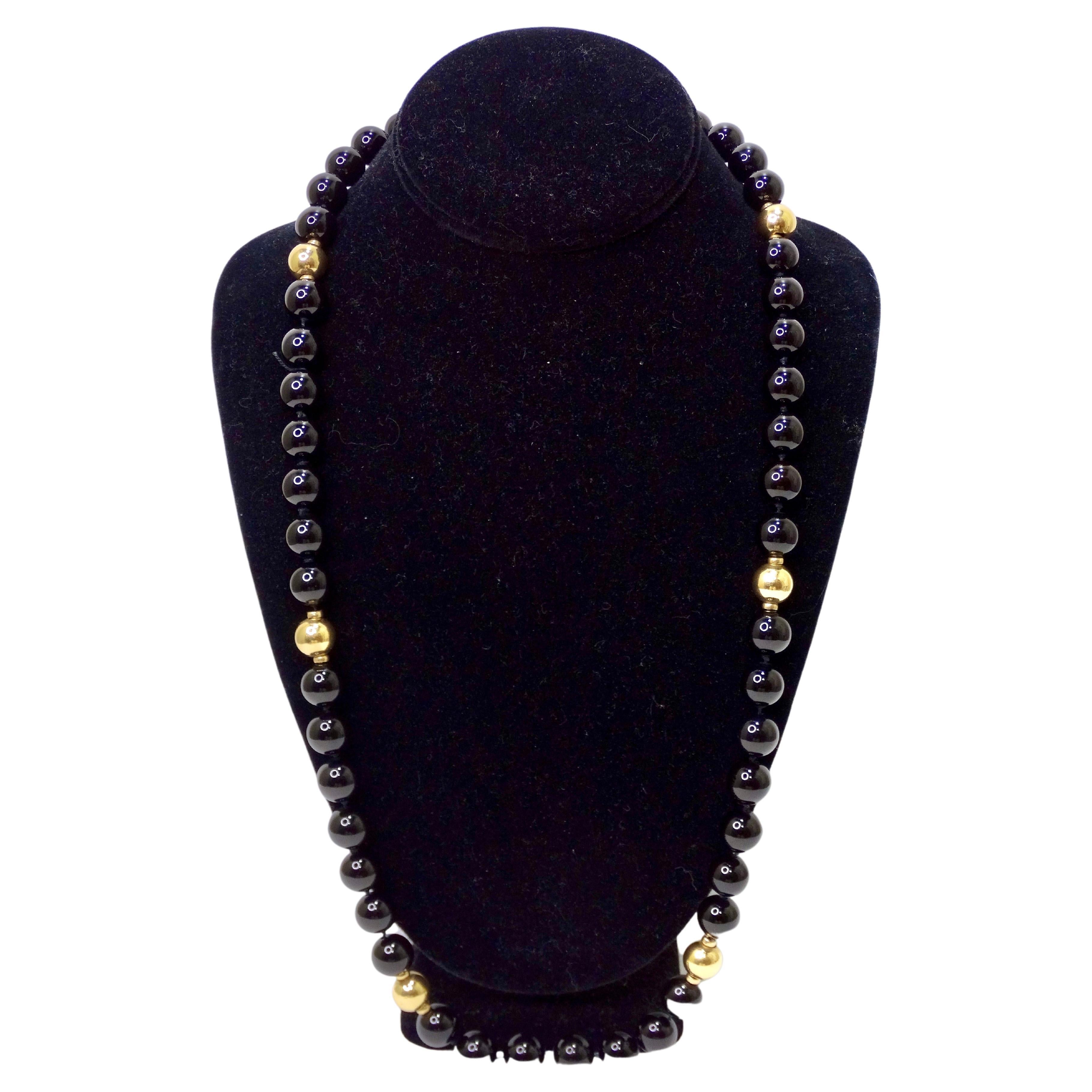 Onyx 14k Gold and Black Beaded Necklace For Sale