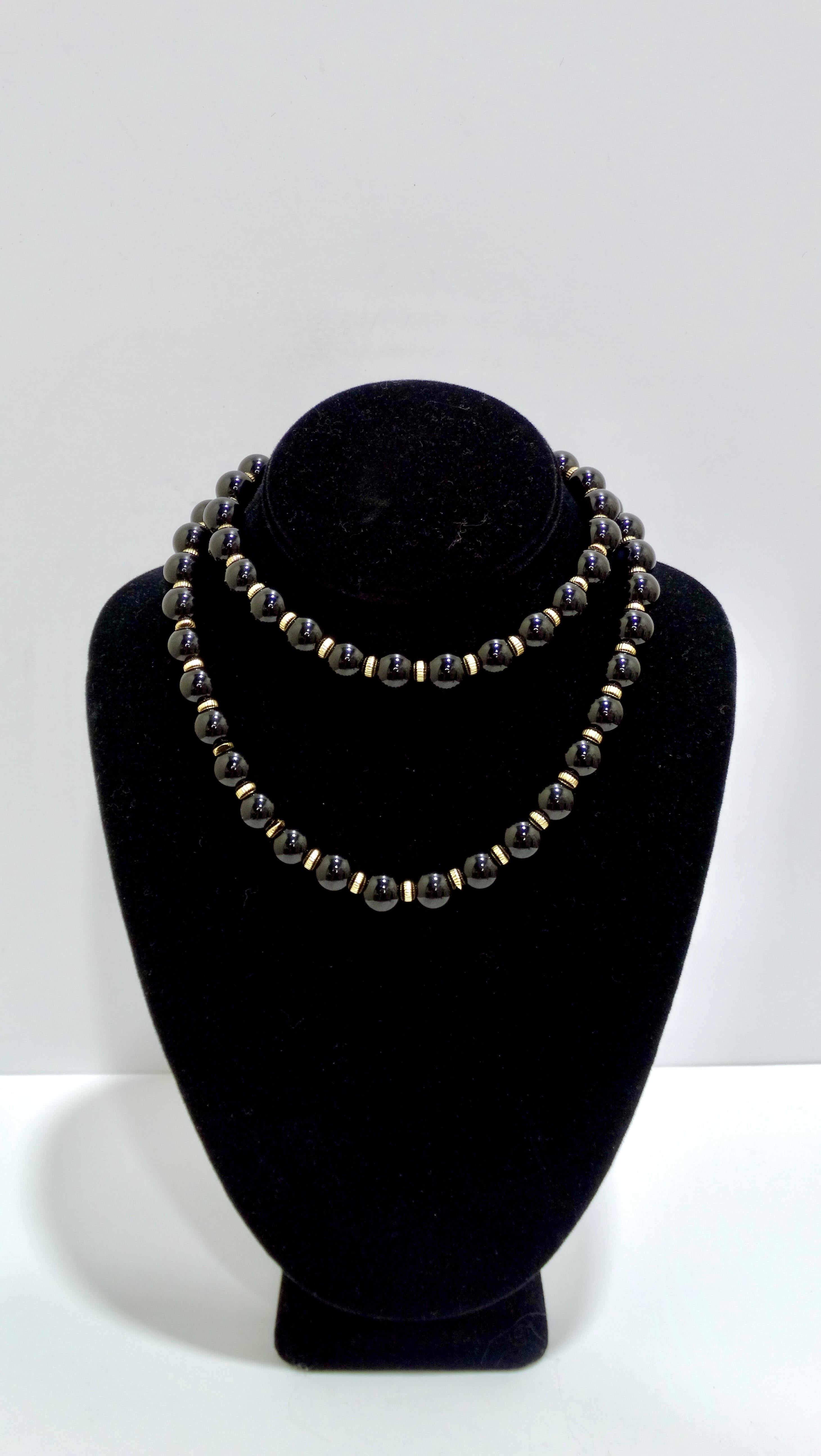 This crafted necklace is made of a mix of black Onyx and 14k gold that contrasts beautifully. A beaded necklace has many possibilities for styling as it can be styled as a single-layer or double-layer. Wear with a vintage Prada maxi dress and some