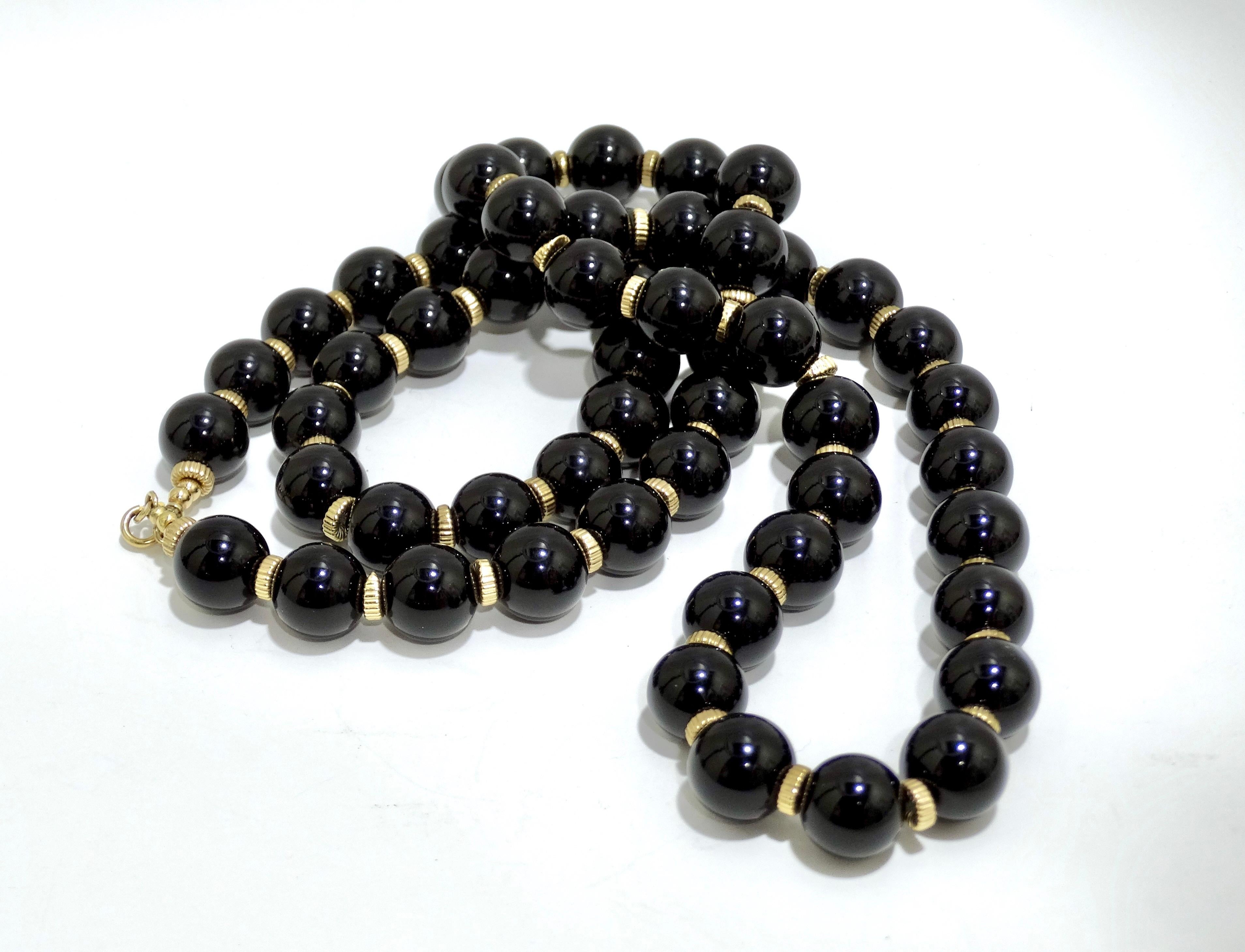 Round Cut Onyx 14k Gold Beaded Necklace For Sale
