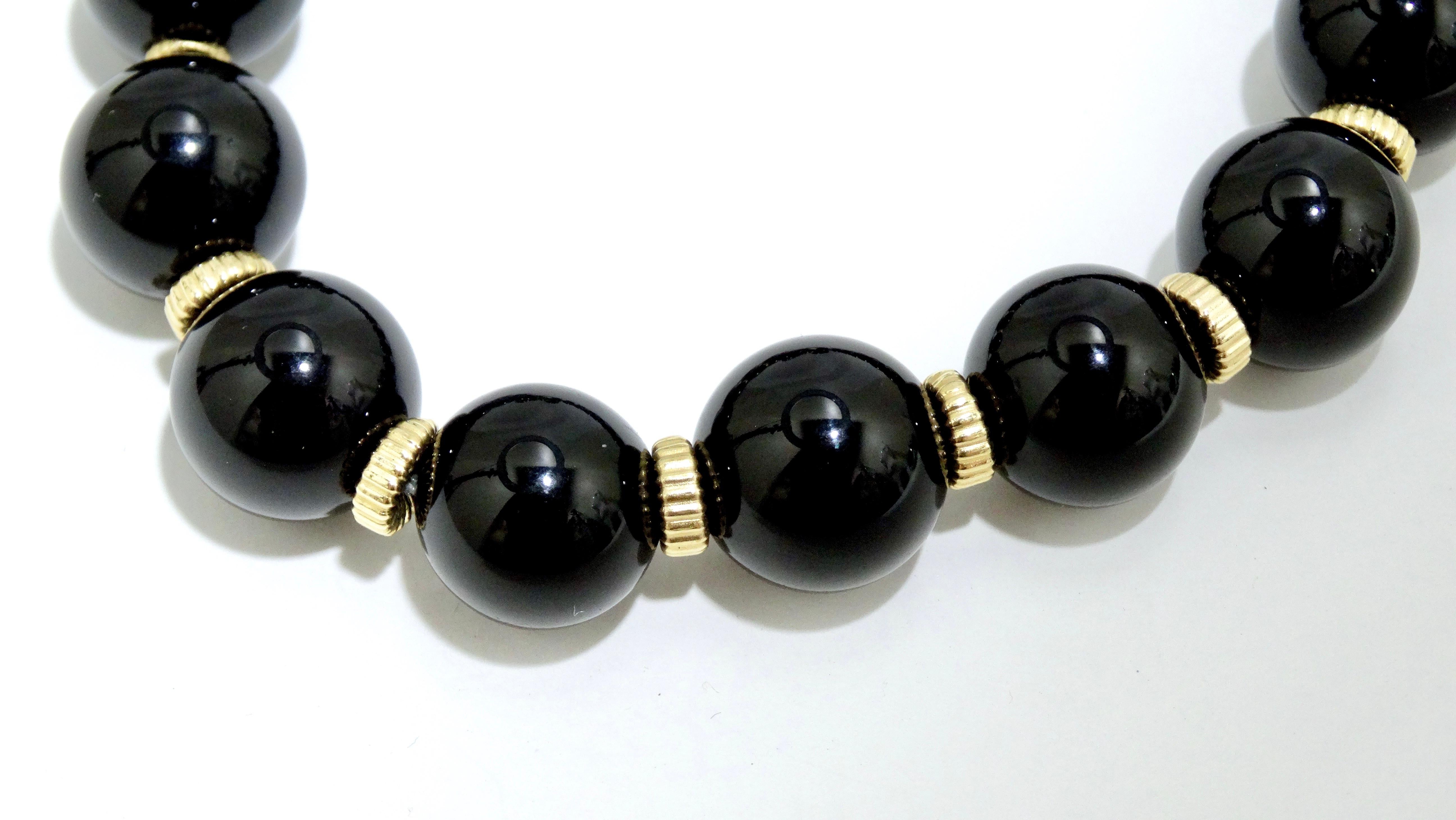 Women's or Men's Onyx 14k Gold Beaded Necklace For Sale