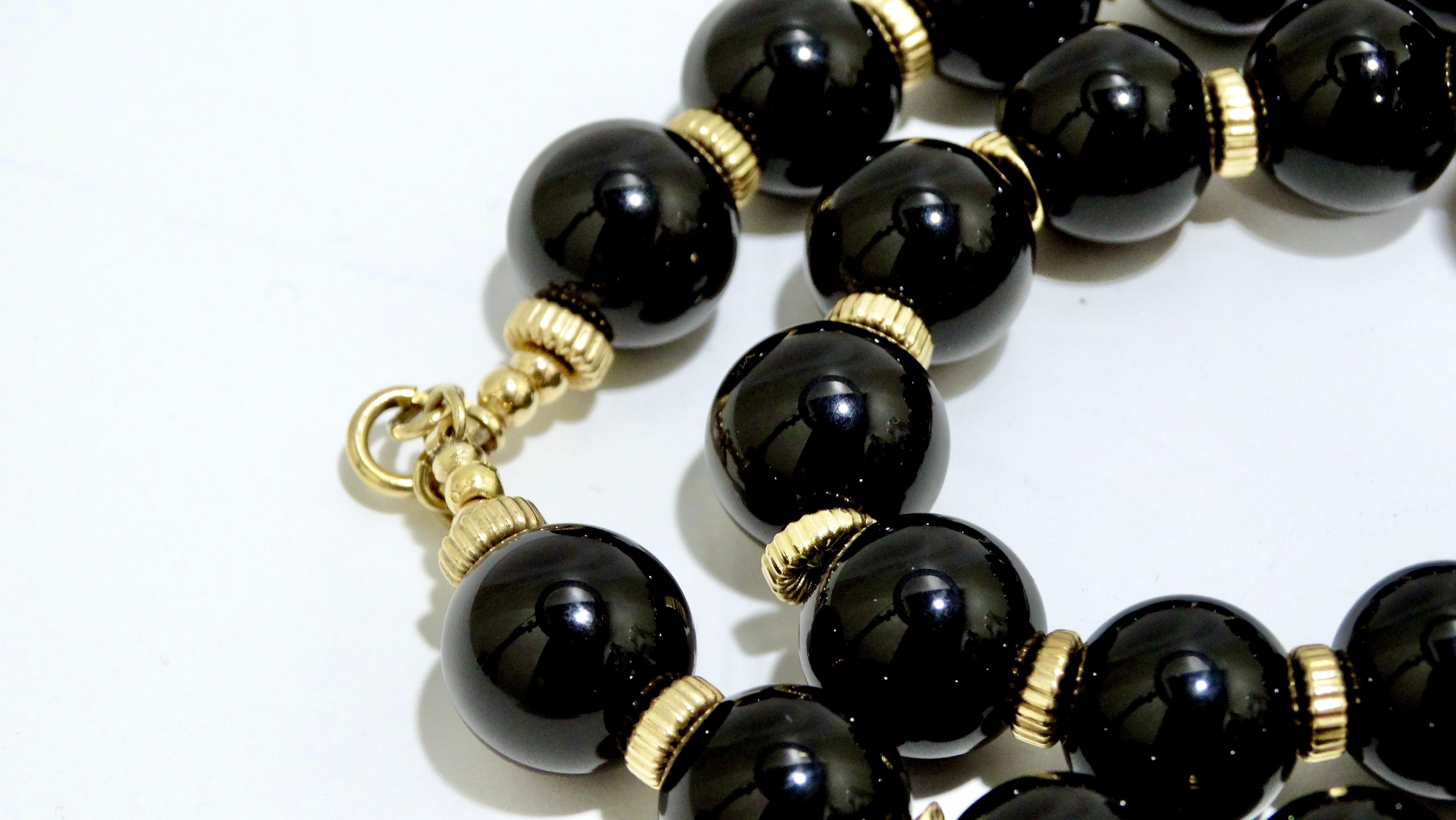 Onyx 14k Gold Beaded Necklace For Sale 1