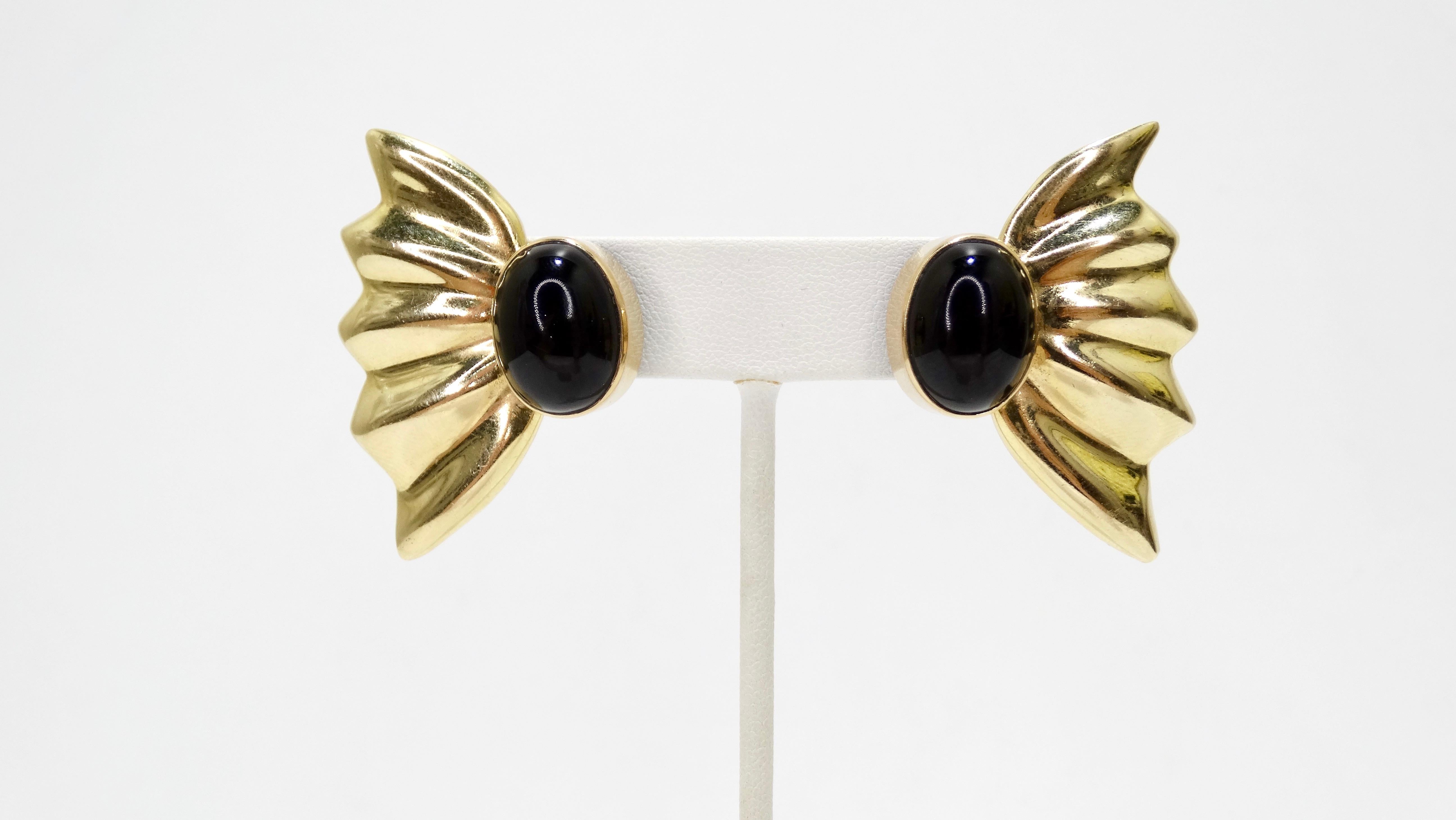 Oval Cut Onyx & 14k Gold Earrings  For Sale