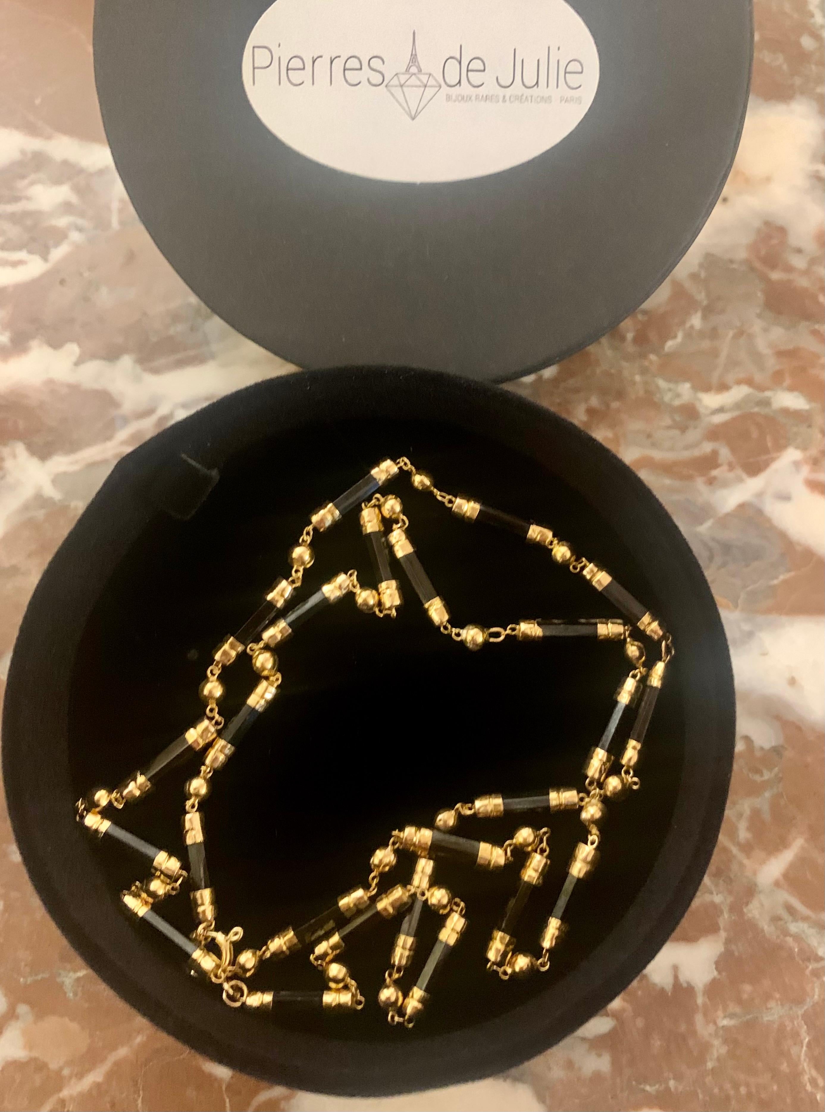 Baguette Cut Onyx & 18 Carats Yellow Gold Balls Necklace