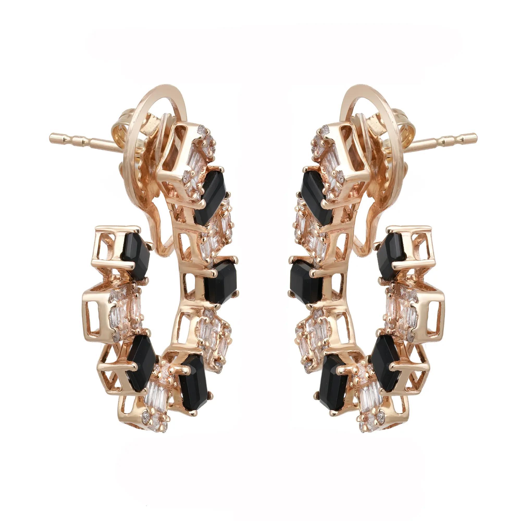 Baguette Cut Onyx 2.04Ctw And Diamond 1.20Ctw Hoop Earrings 14K Yellow Gold For Sale