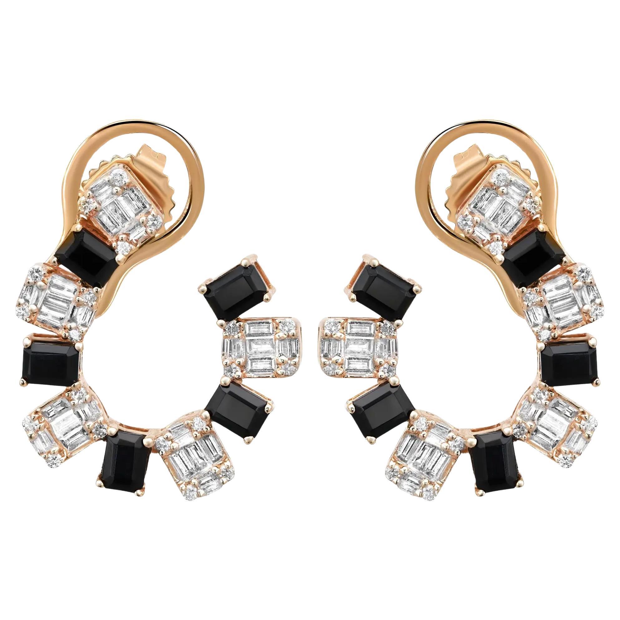 Onyx 2.04Ctw And Diamond 1.20Ctw Hoop Earrings 14K Yellow Gold