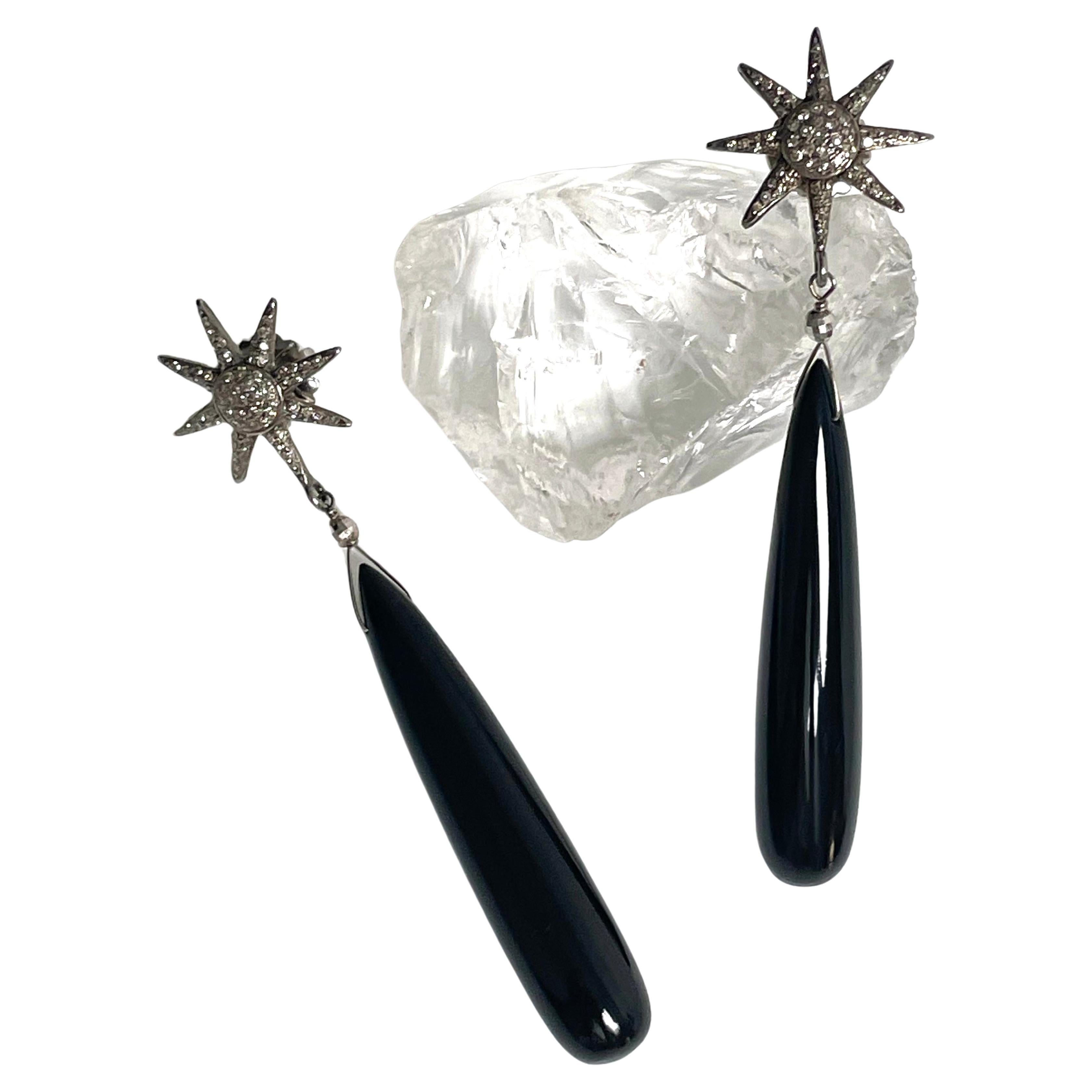Women's  Onyx 74 Carats and Diamond Starburst Paradizia Earrings For Sale
