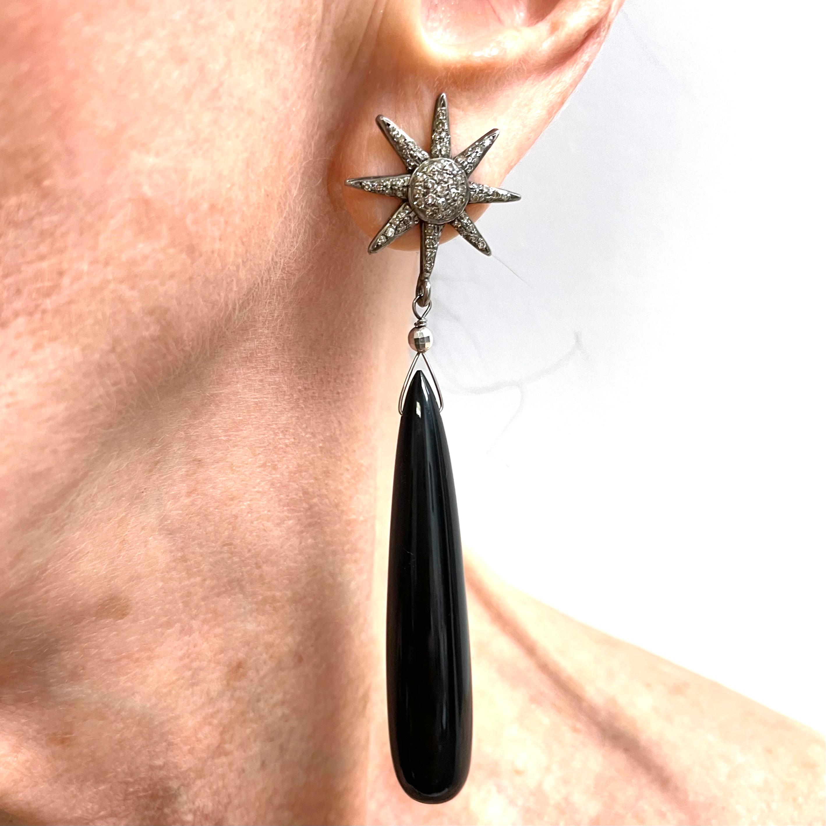 Artisan  Onyx 74 Carats and Diamond Starburst Paradizia Earrings For Sale