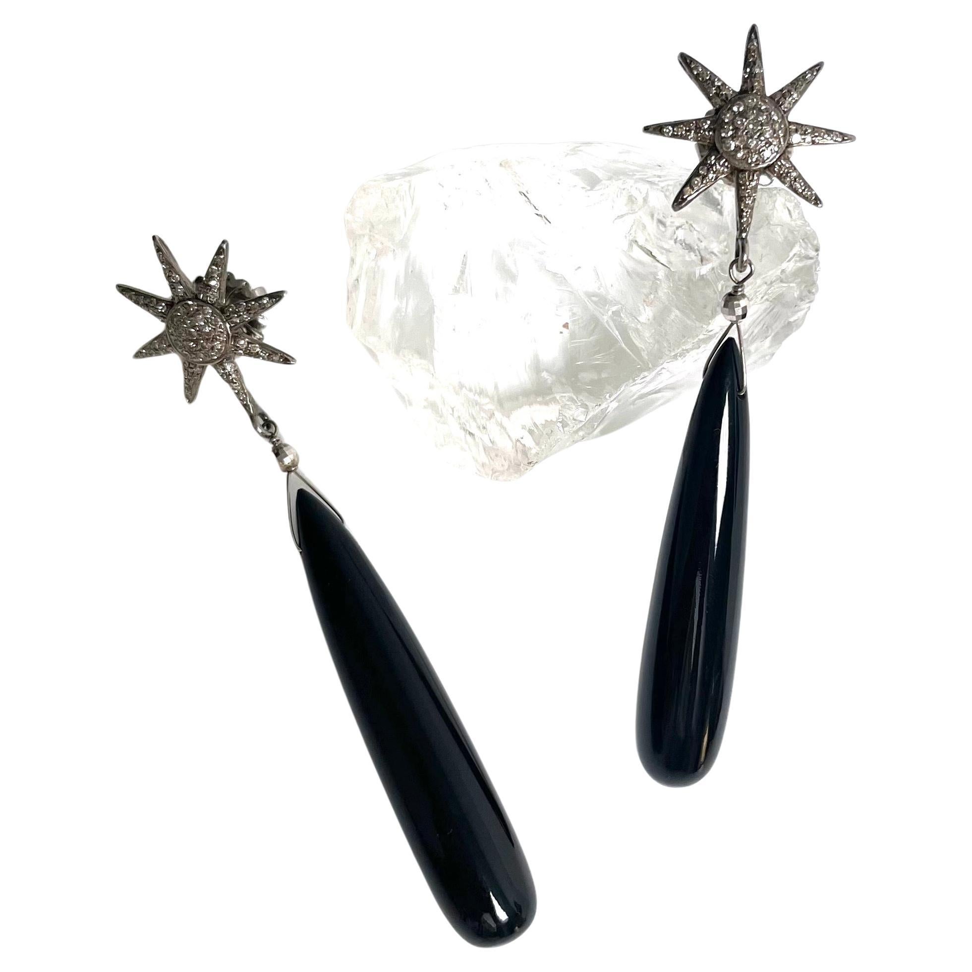  Onyx 74 Carats and Diamond Starburst Paradizia Earrings For Sale 1