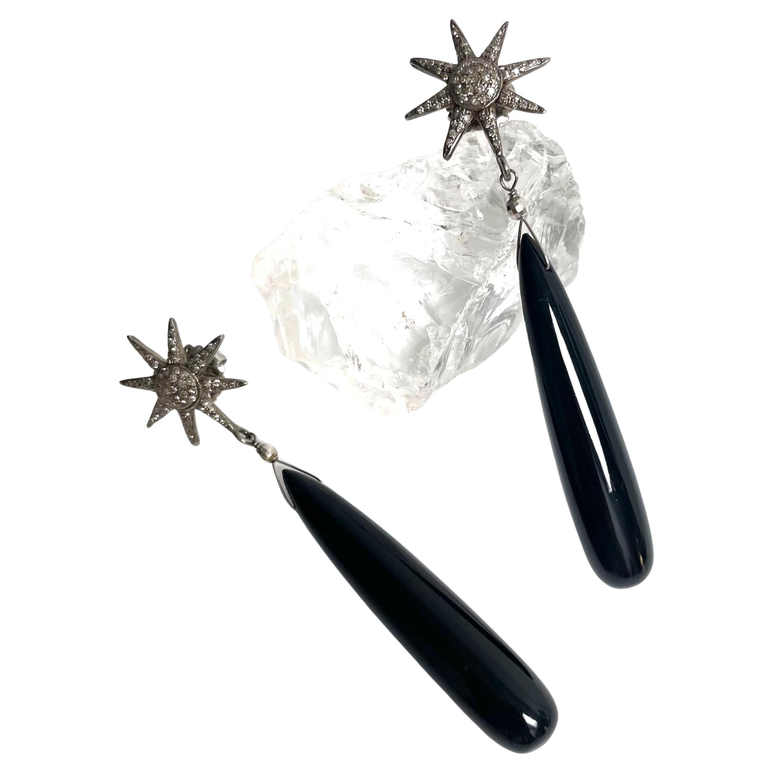  Onyx 74 Carats and Diamond Starburst Paradizia Earrings For Sale 3