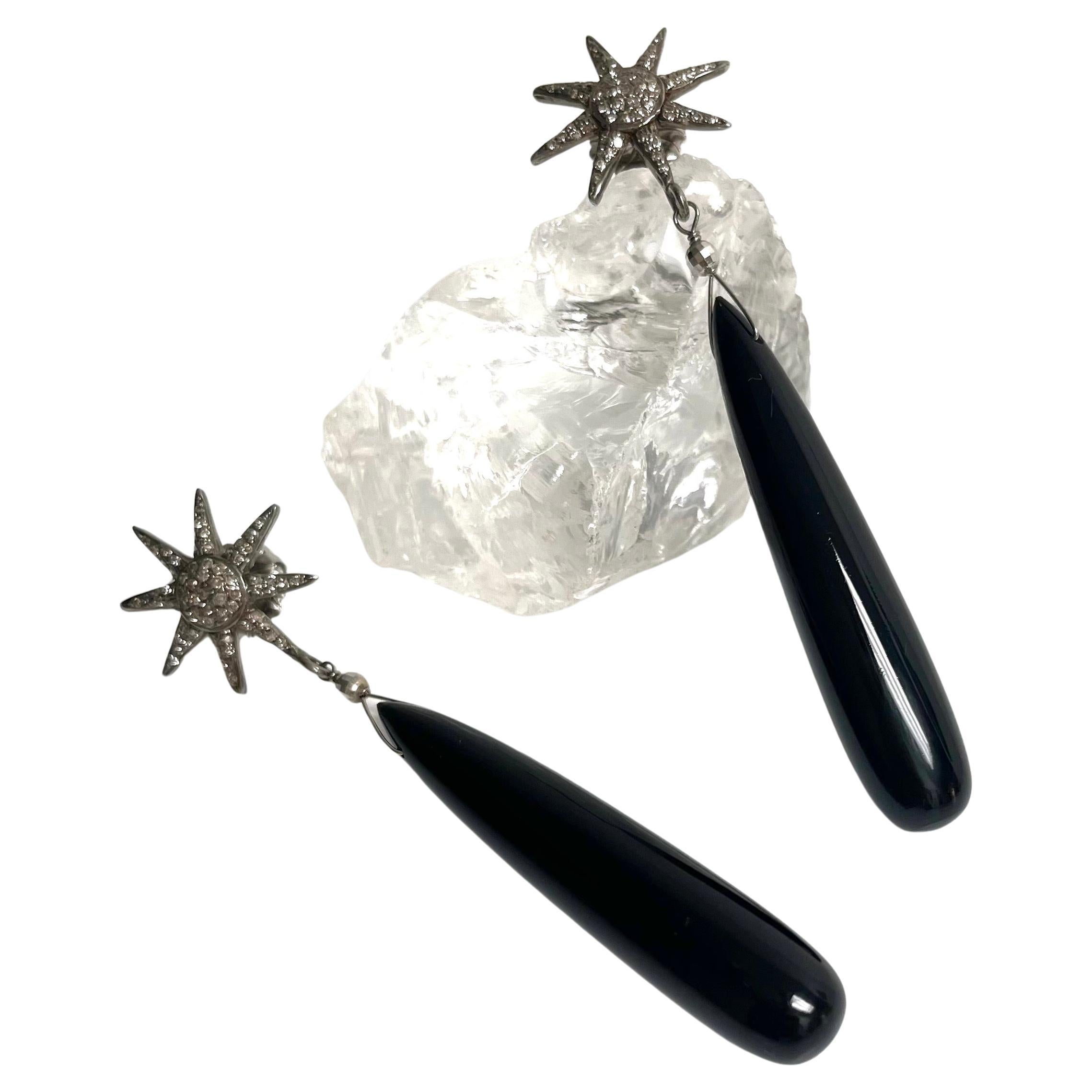 Onyx 74 Carats and Diamond Starburst Paradizia Earrings For Sale 6