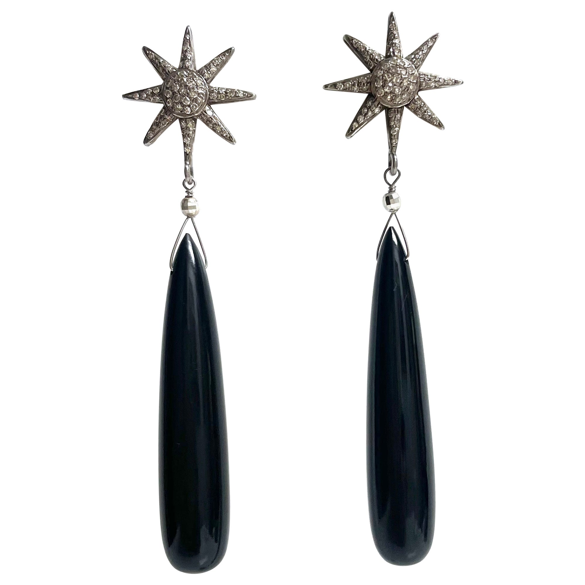 Onyx 74 Karat und Diamant Starburst Paradizia Ohrringe mit Sternschliff