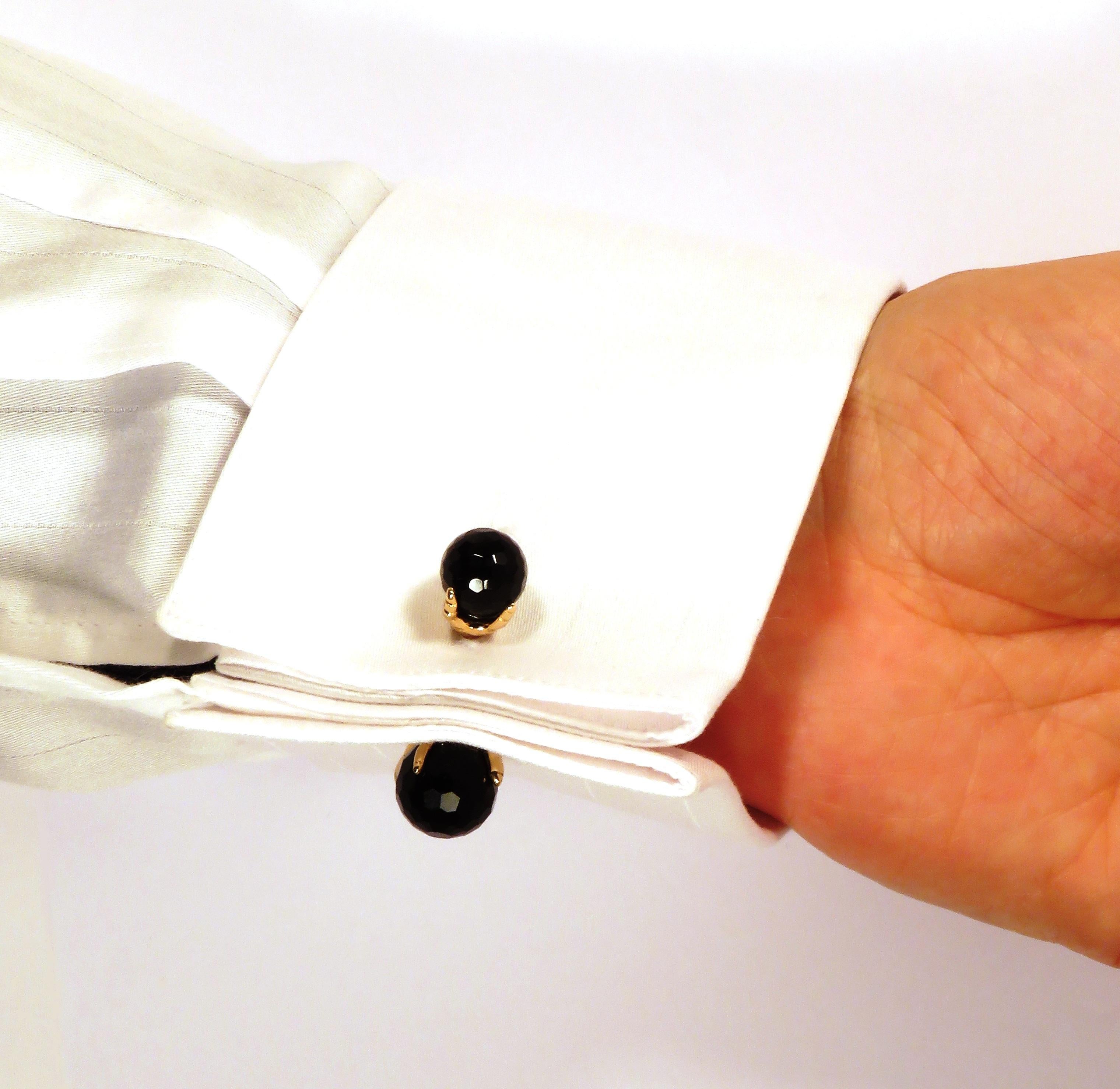 Ball Cut Onyx 9 Karat Rose Gold Cufflinks Handcrafted in Italy 