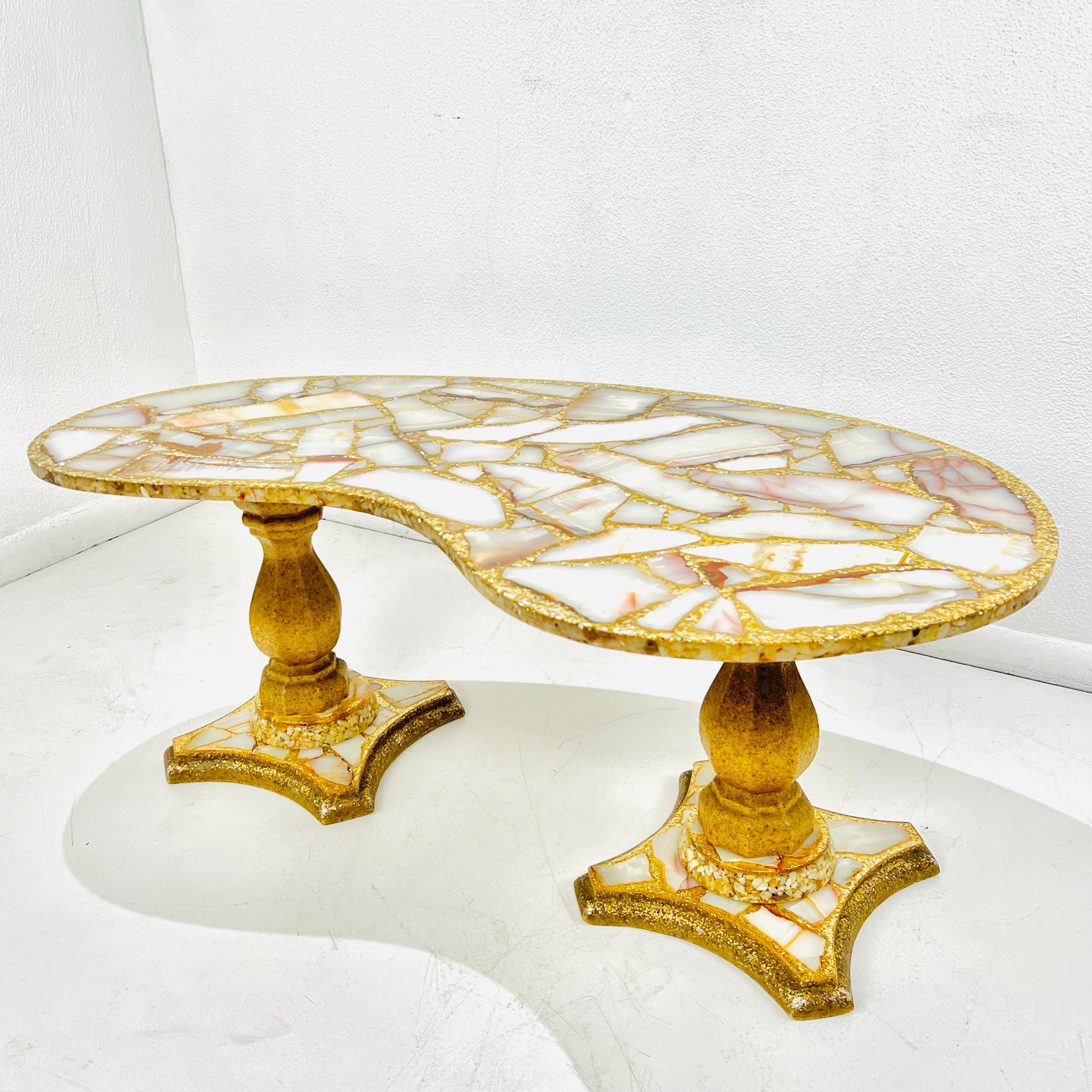 Onyx, Abalone, and Gold Glitter Kidney Shaped Coffee Table by Arturo Pani For Sale 8