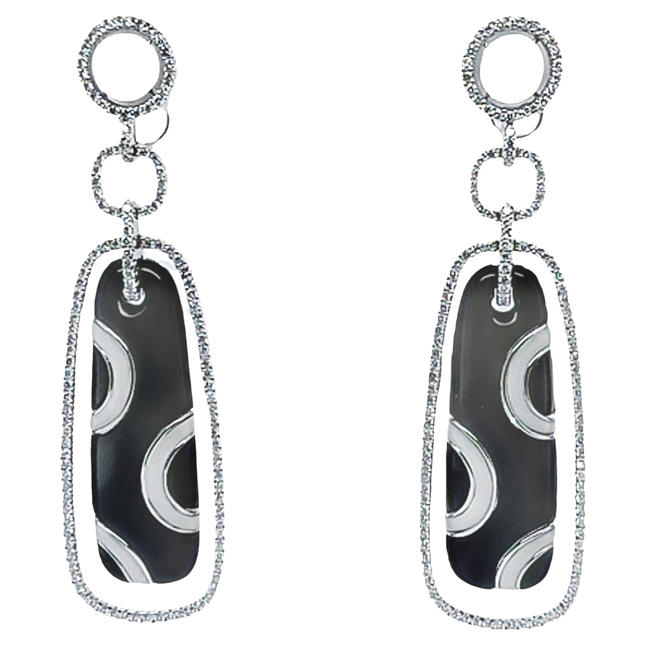 Onyx, Agate, and Diamond Inlay Drop Earrings For Sale