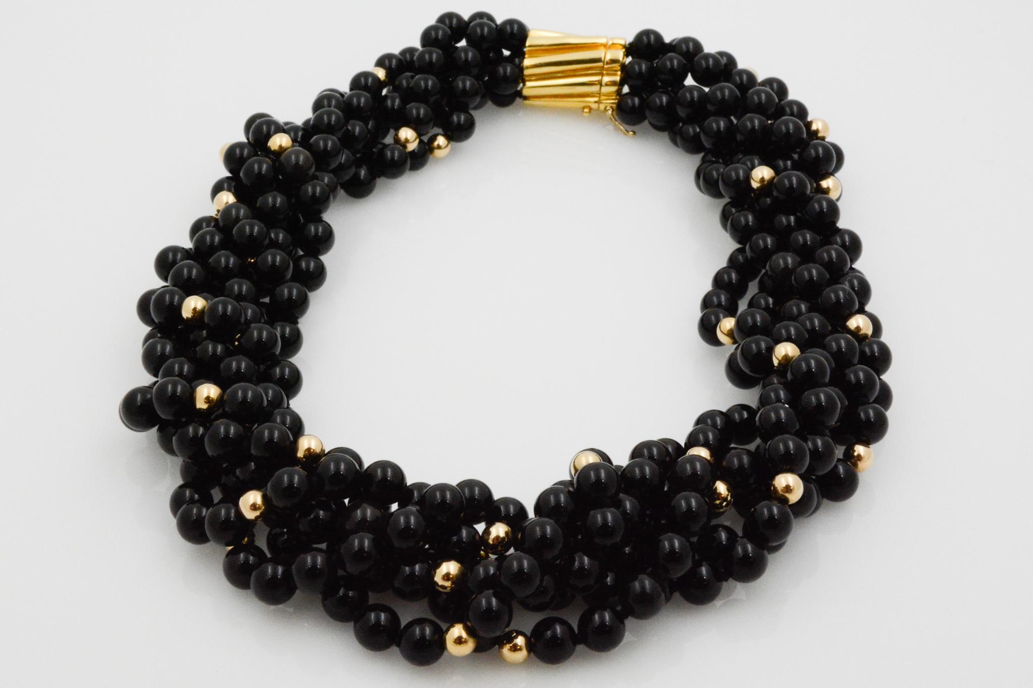 Onyx and 18k Yellow Gold Beaded Strand Necklace  4