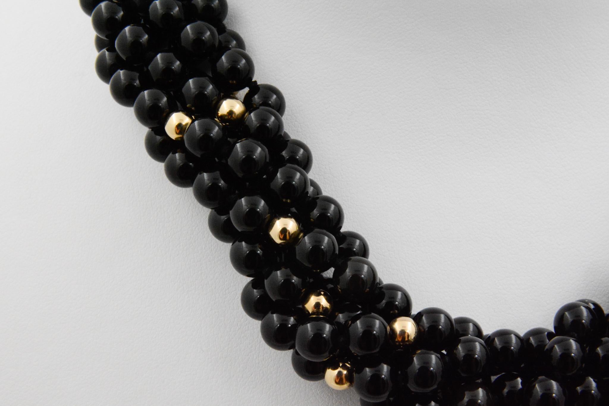 Modern Onyx and 18k Yellow Gold Beaded Strand Necklace 