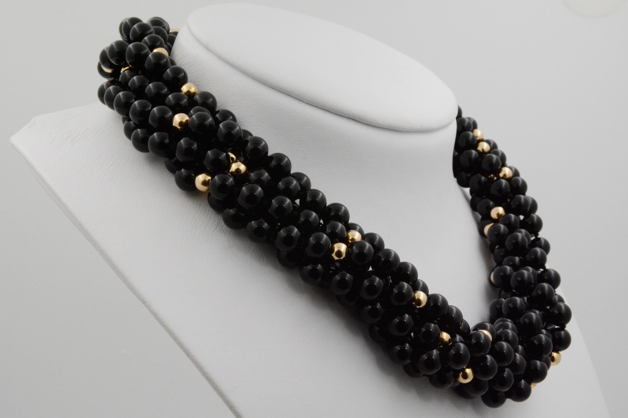 Round Cut Onyx and 18k Yellow Gold Beaded Strand Necklace 